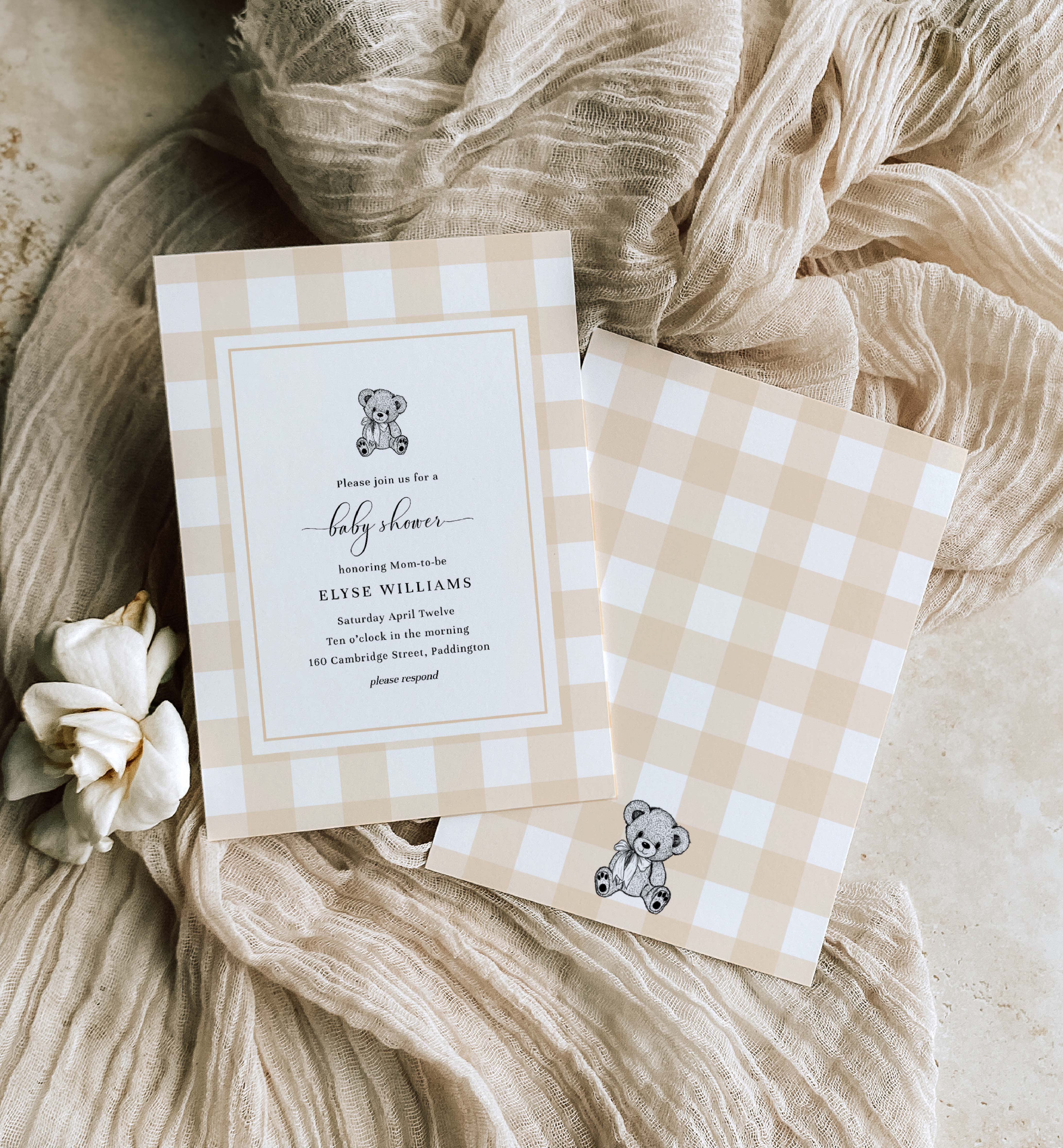GIN-TAN-1-B2008 - GINGHAM - TAN - TEDDY BEAR BABY SHOWER INVITATION design preview