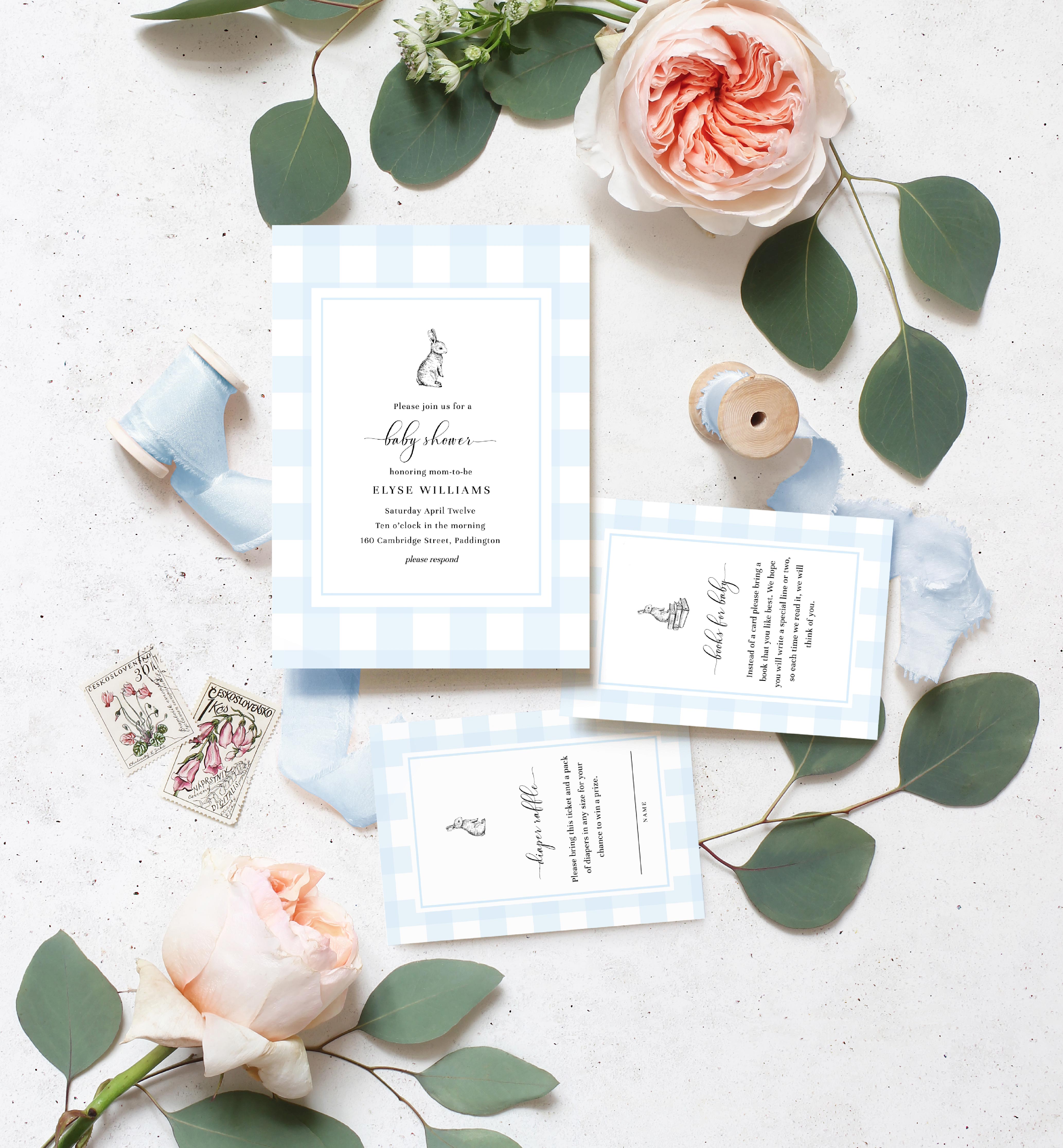 GIN-BLU-1-B2237 - GINGHAM - BLUE BUNNY - BABY SHOWER INVITATION SUITE design preview