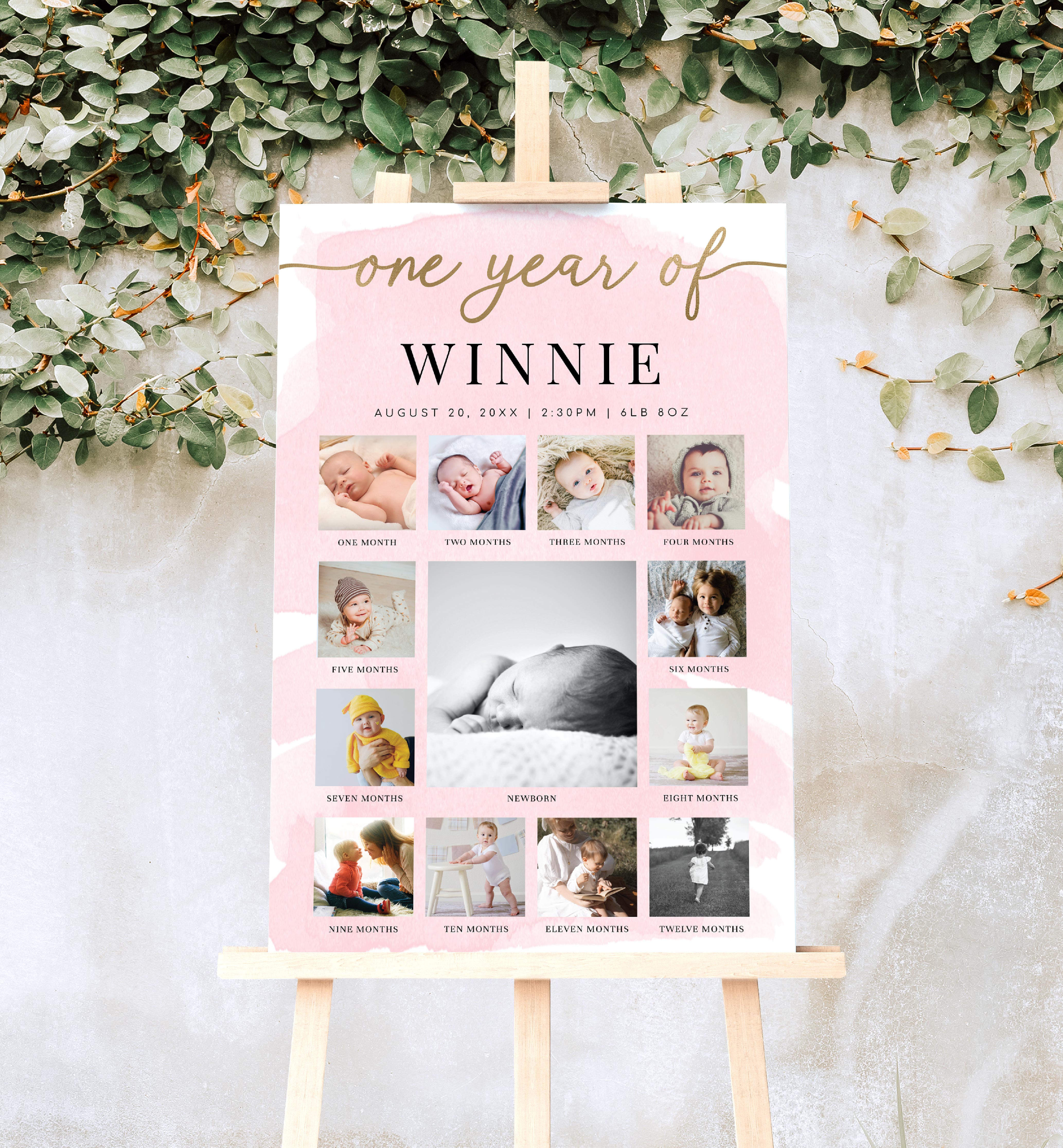 WAT-PNK-7-B2374 - WATERCOLOUR PINK - GOLD - PHOTO TIMELINE SIGN design preview