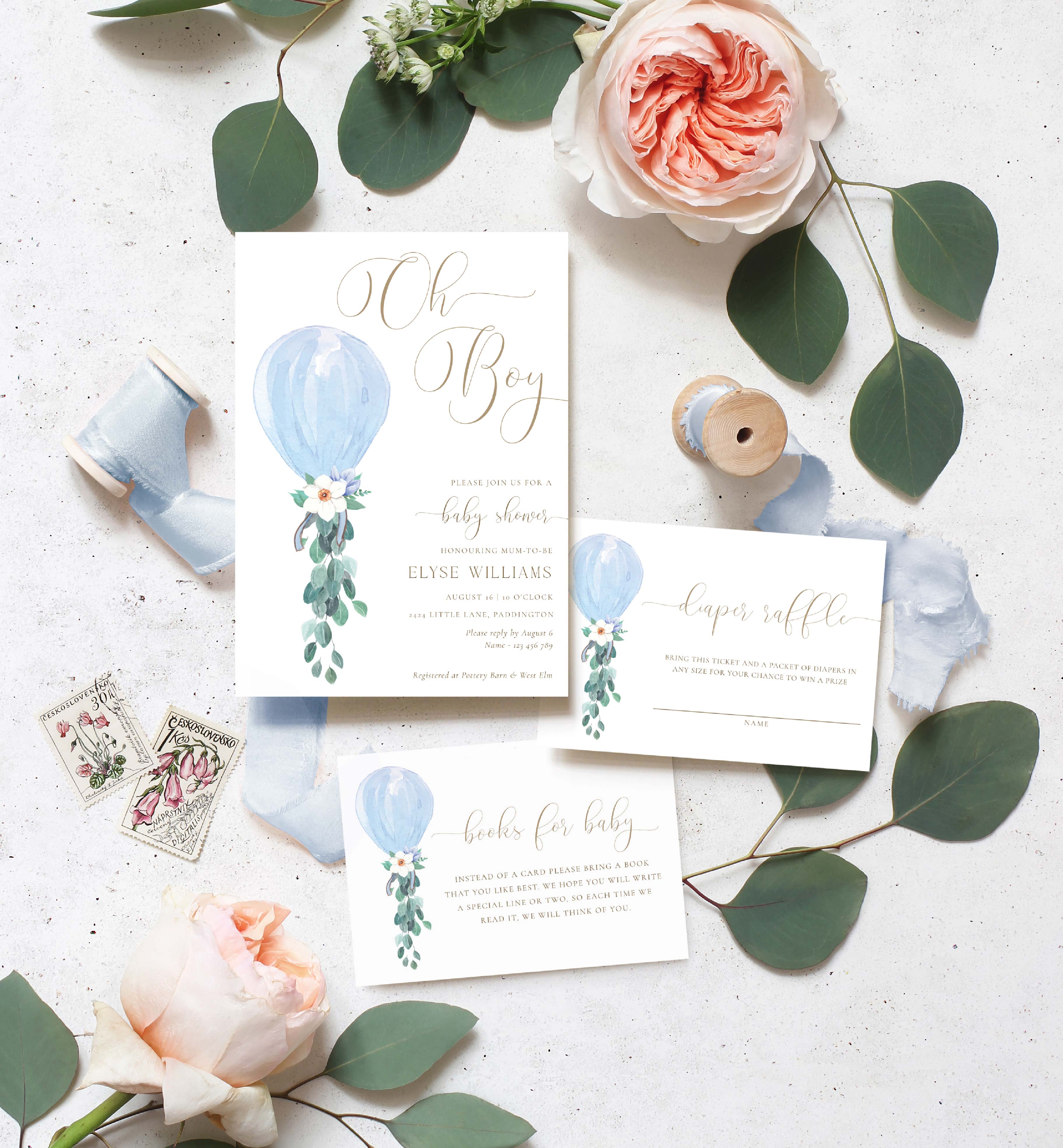 DAF-BLU-1-B3137 - DARLINGTON FLORAL - BLUE - OH BOY BABY SHOWER INVITATION SUITE design preview