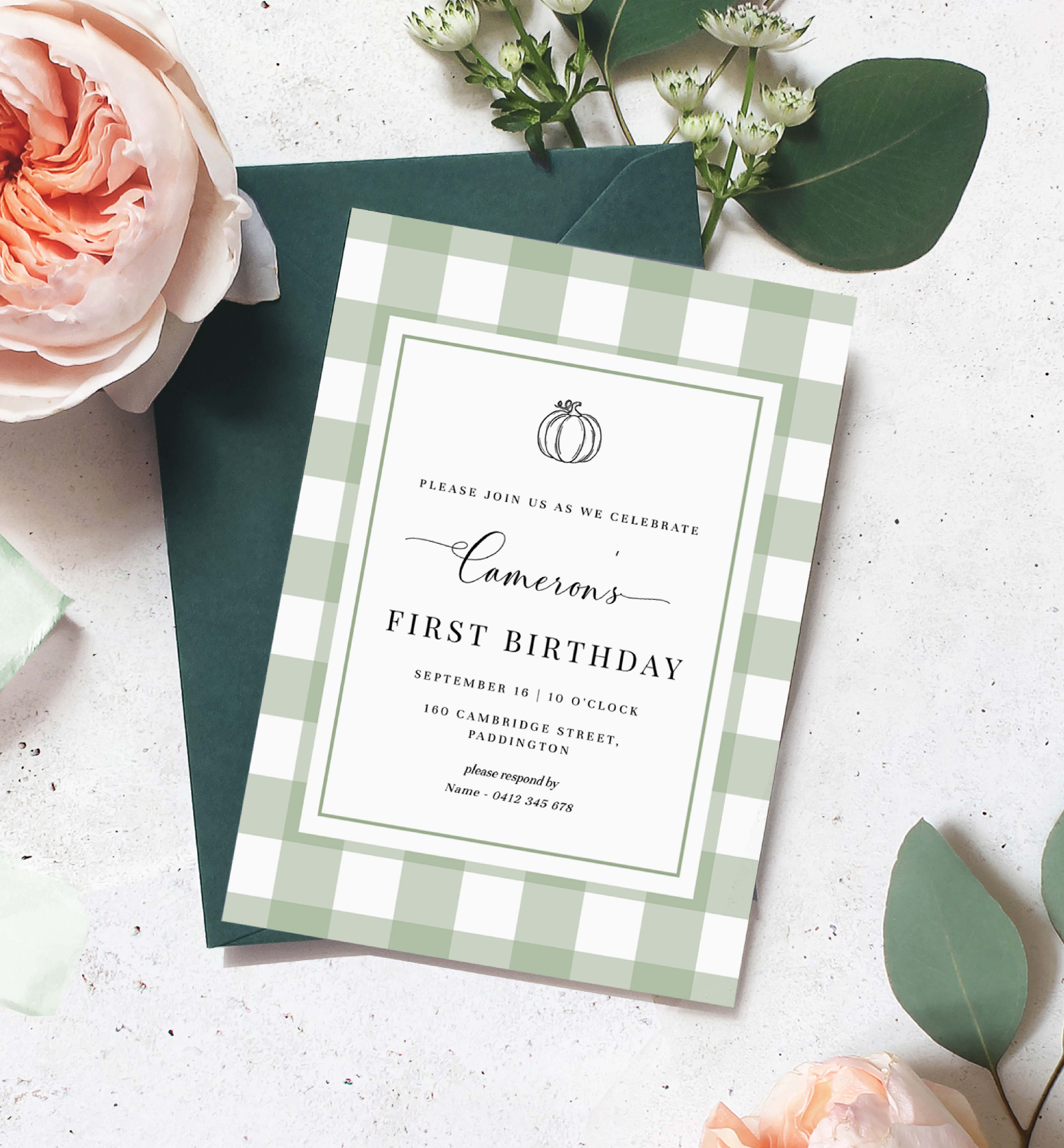 GIN-SGR-1-B2175 - GINGHAM - SAGE GREEN PUMPKIN - FIRST BIRTHDAY INVITATION design preview