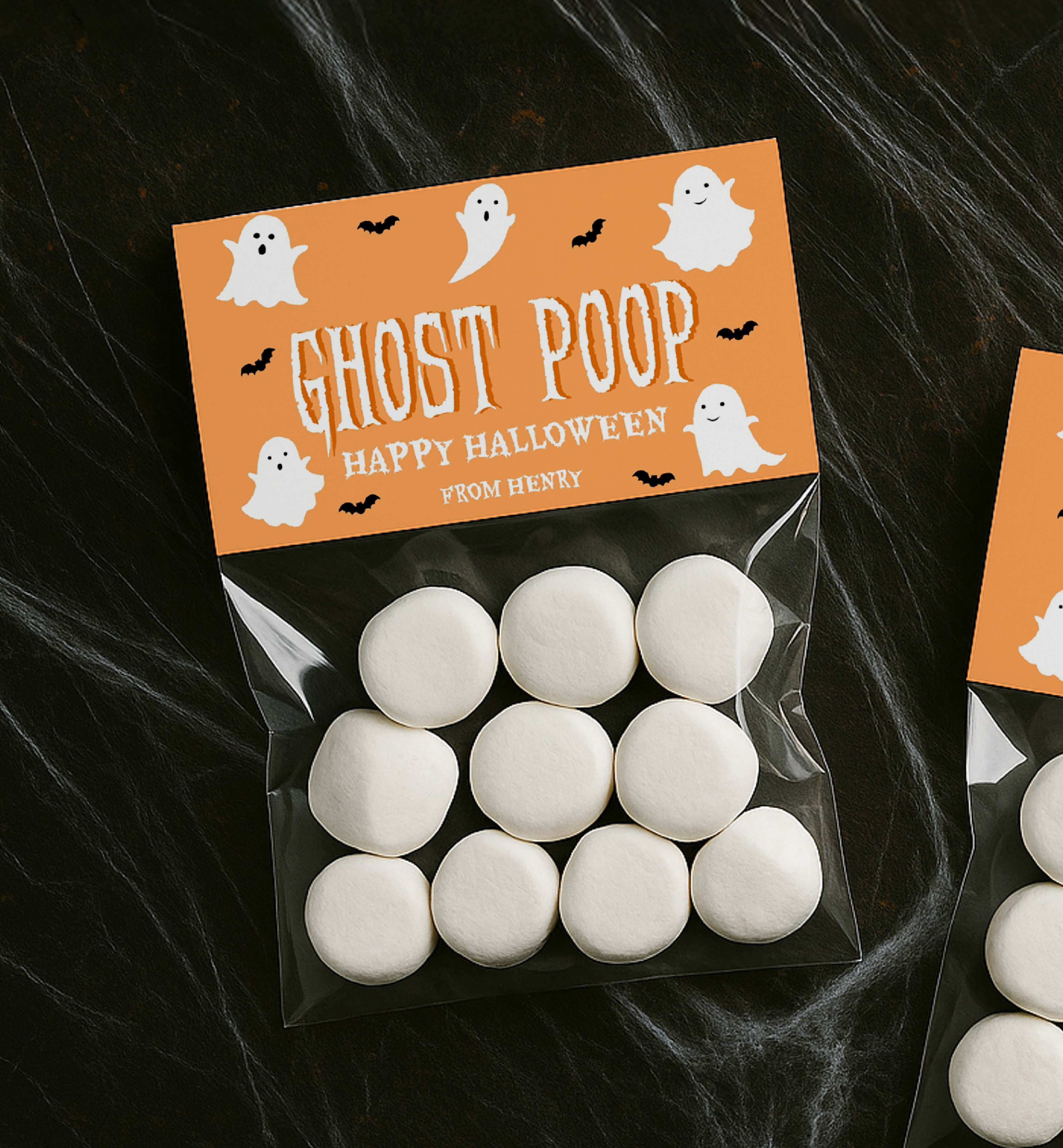 HAL-ORG-6-B3682 - HALLOWEEN - ORANGE - GHOST POOP BAG TOPPER design preview