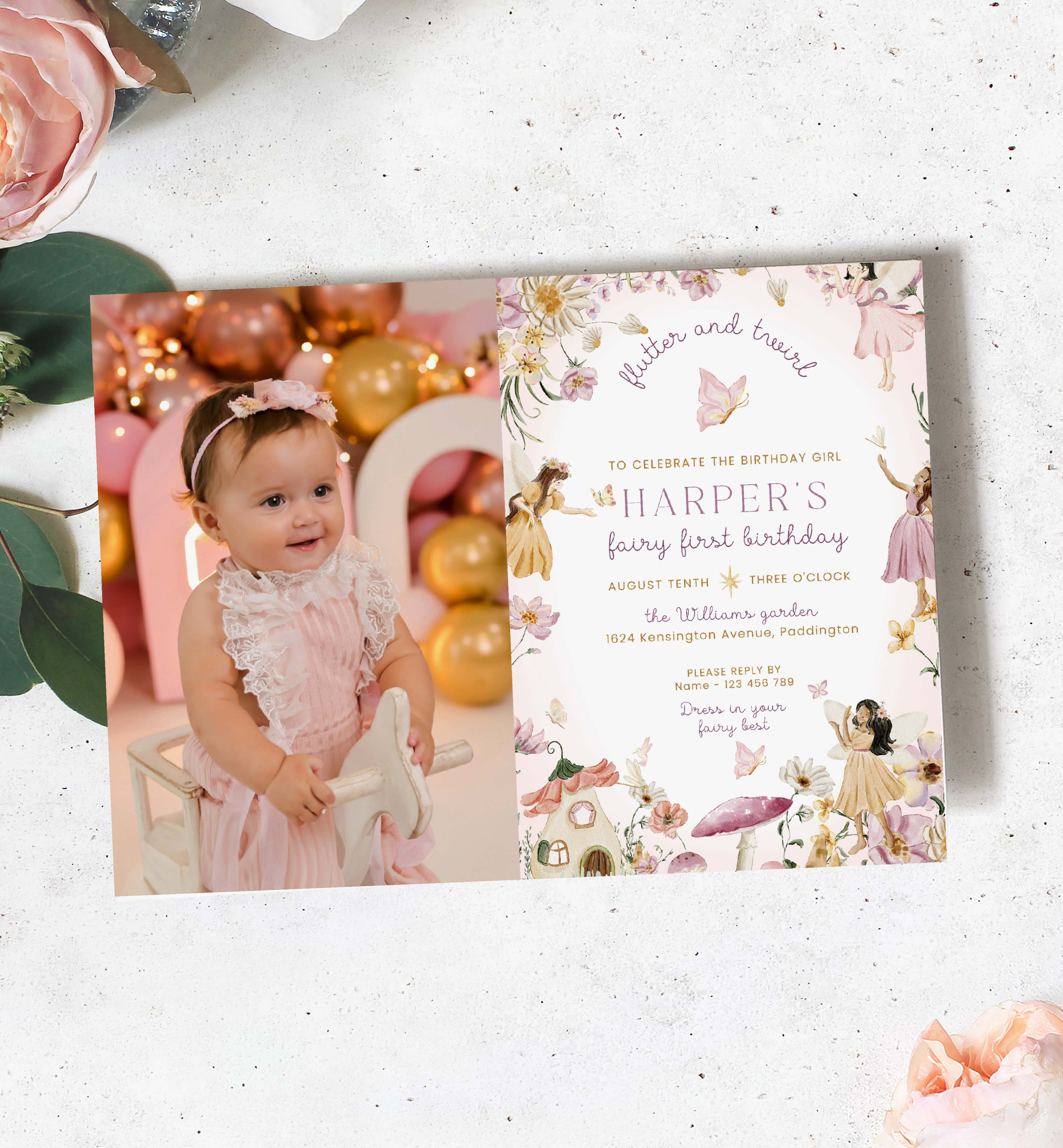 FAR-MLT-1-B3315 - FAIRY - MULTI - FIRST BIRTHDAY PHOTO INVITATION design preview