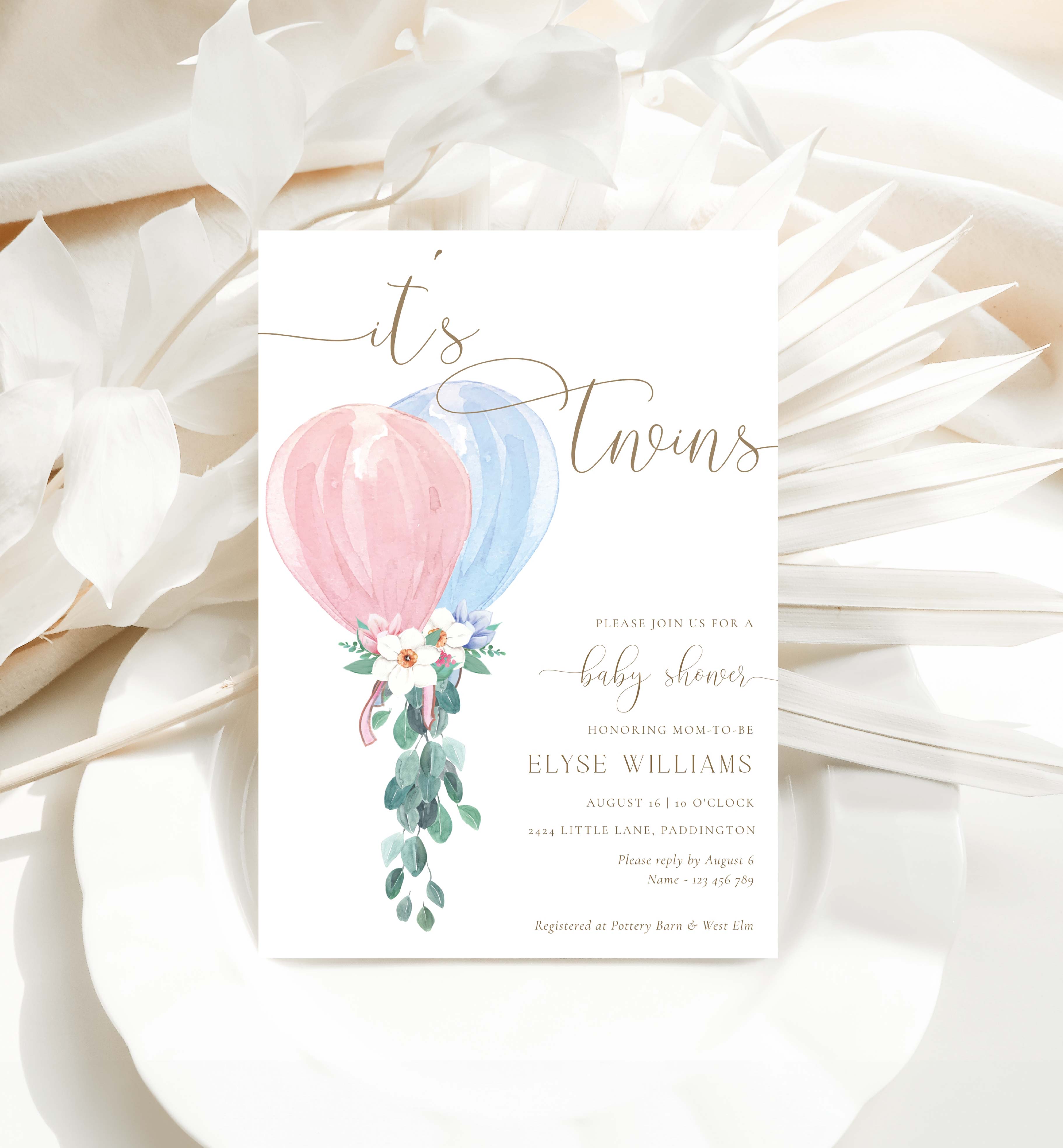 DAF-PNB-1-B3134 - DARLINGTON FLORAL - PINK BLUE - TWINS BABY SHOWER INVITATION design preview