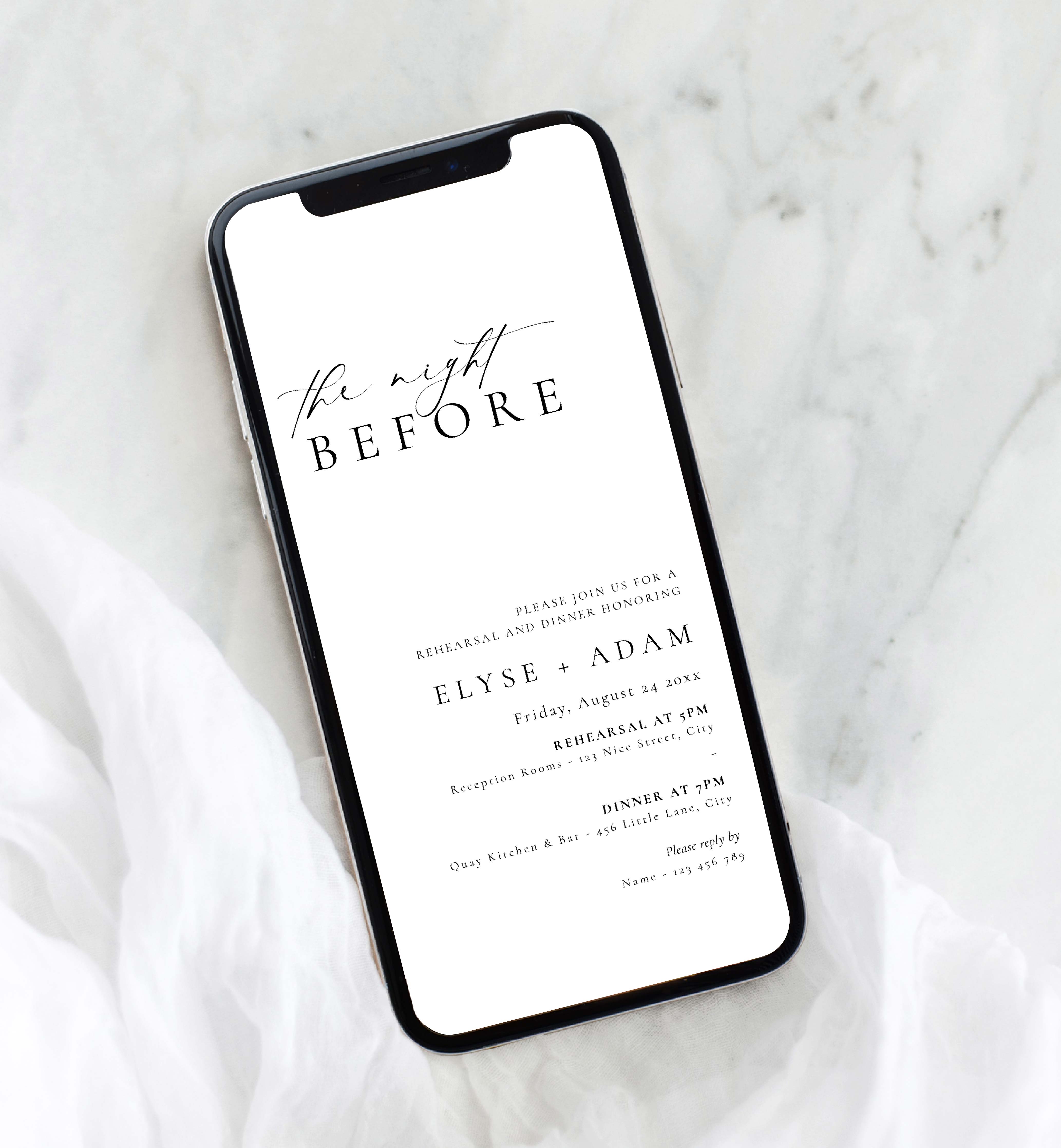 ELE-WHT-16-B2723 - ELLESMERE - WHITE - REHEARSAL DINNER SMARTPHONE INVITATION design preview