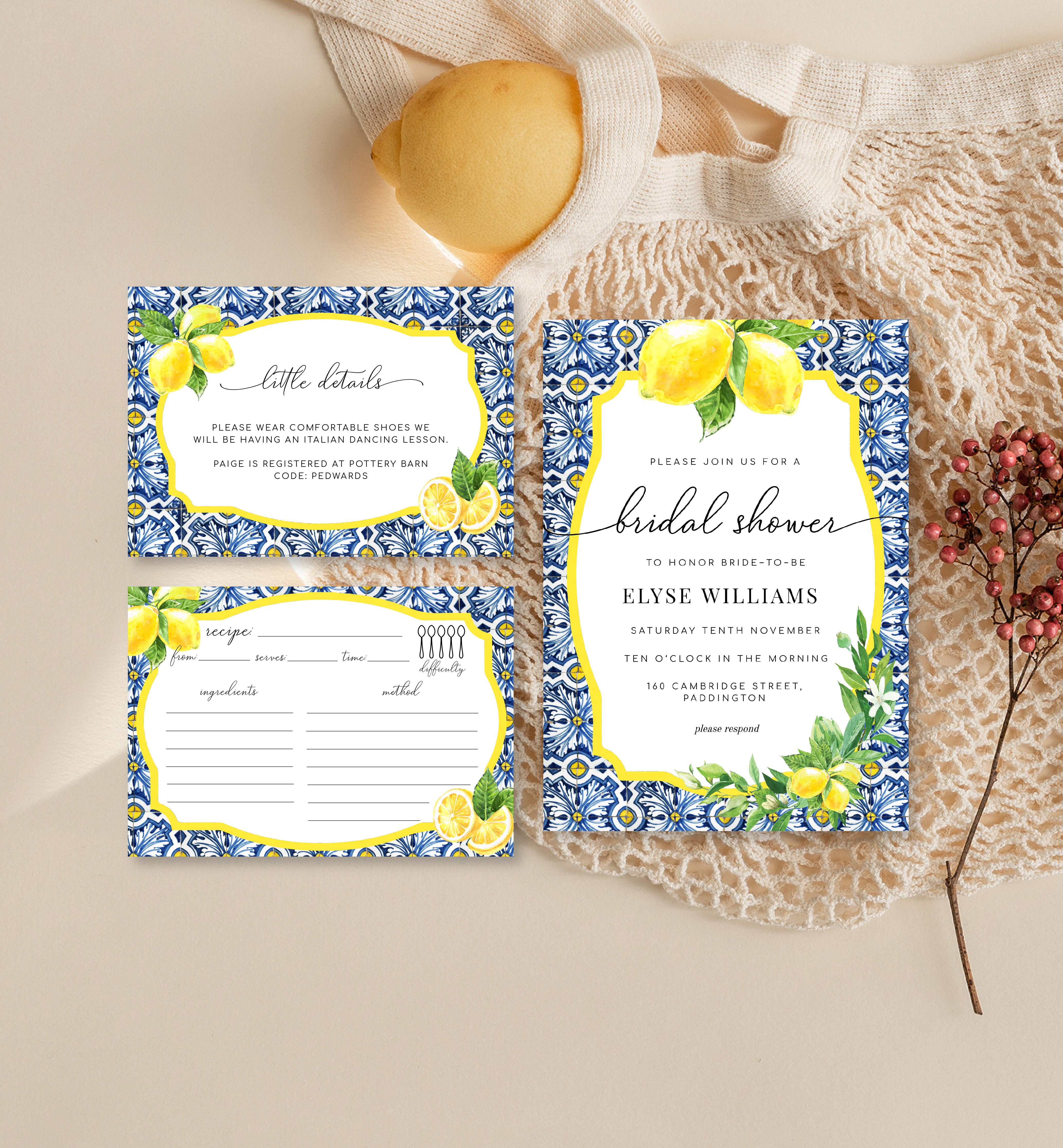 POS-BLY-1-B066 - POSITANO BLUE TILE LEMONS - BRIDAL SHOWER INVITATION SUITE design preview
