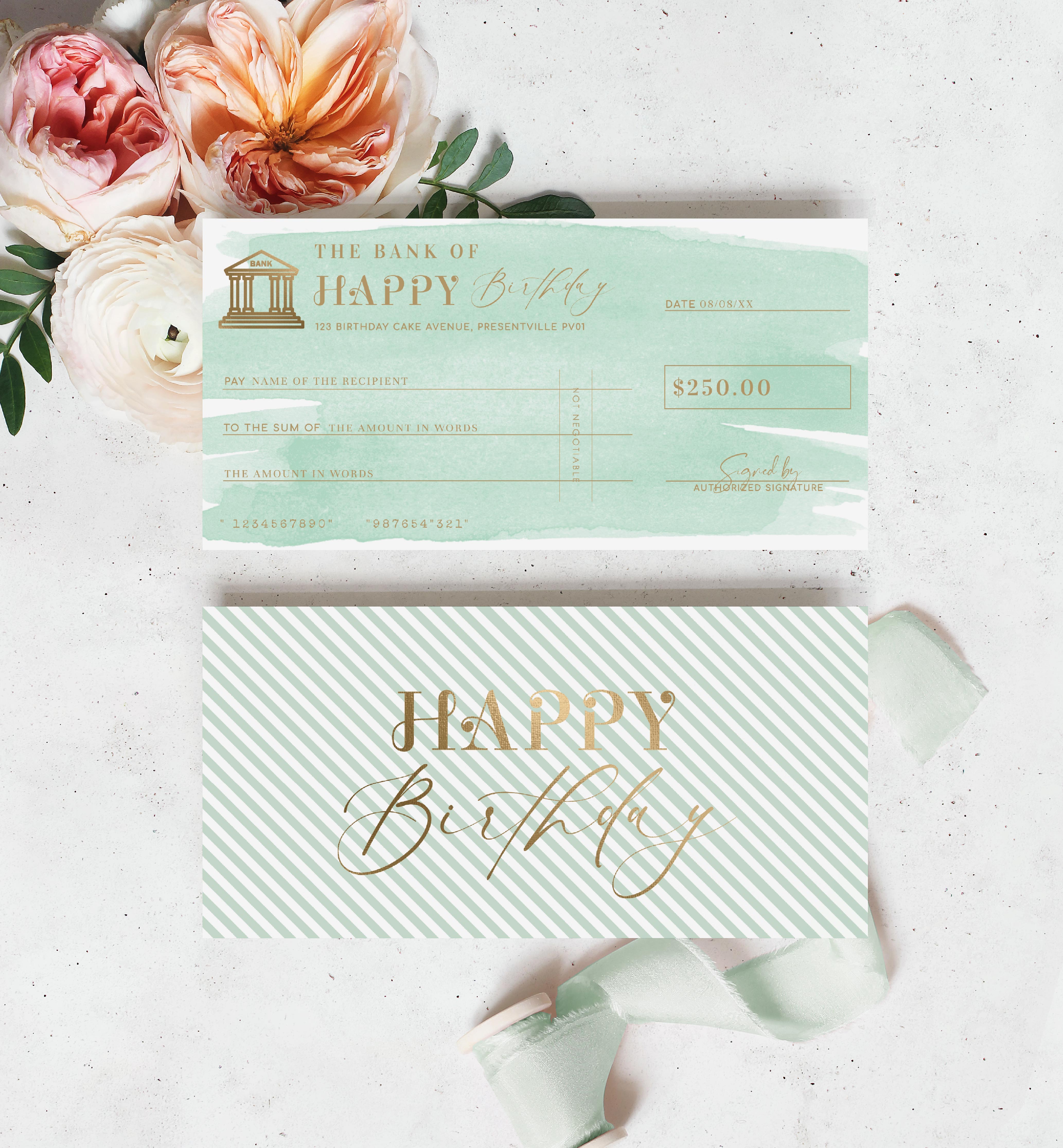 WAT-GRE-14-B2461 - WATERCOLOUR GREEN - GOLD - BIRTHDAY CHEQUE CERTIFICATE design preview