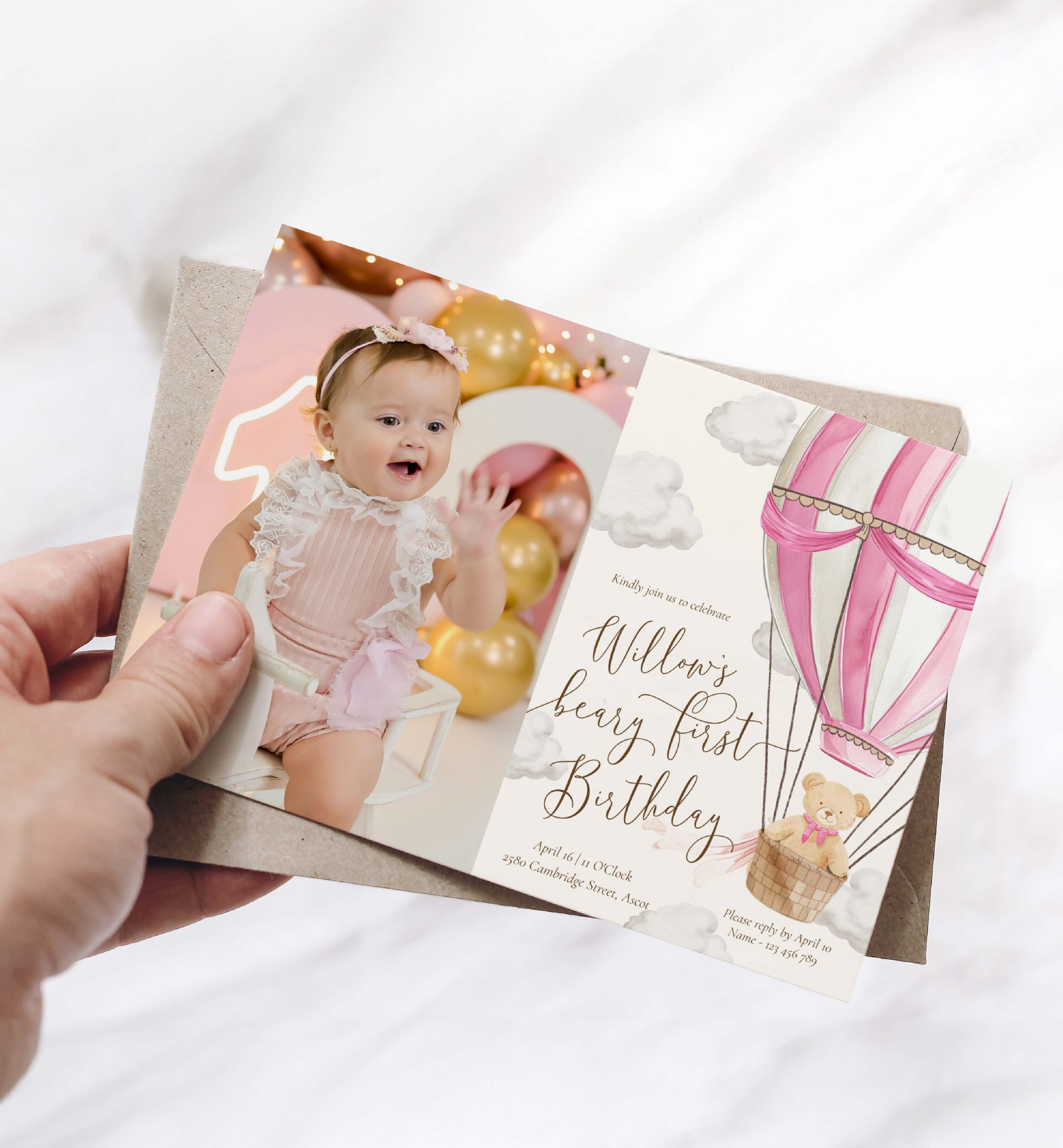 BER-PNK-1-B3561 - BEARLY WAIT - PINK - FIRST BIRTHDAY PHOTO INVITATION design preview