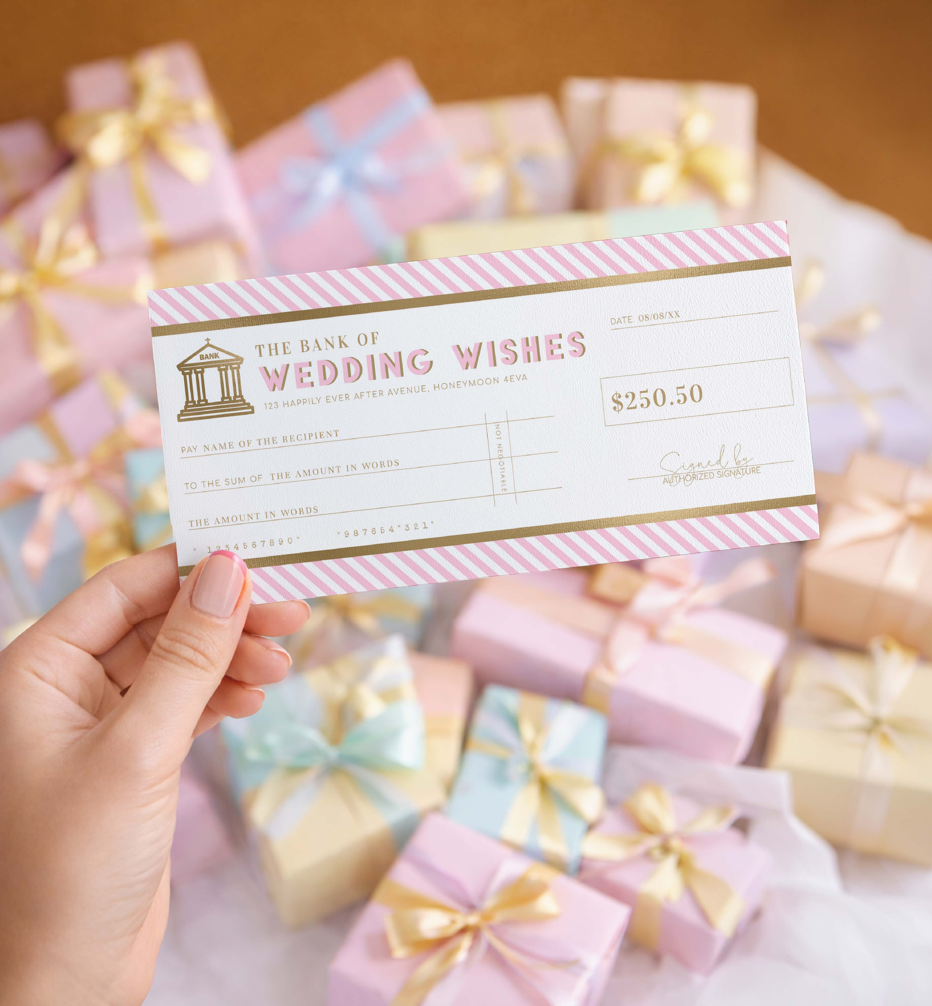 STR-PNK-14-B3873 - STRIPE - PINK - WEDDING WISH CHEQUE GIFT VOUCHER design preview