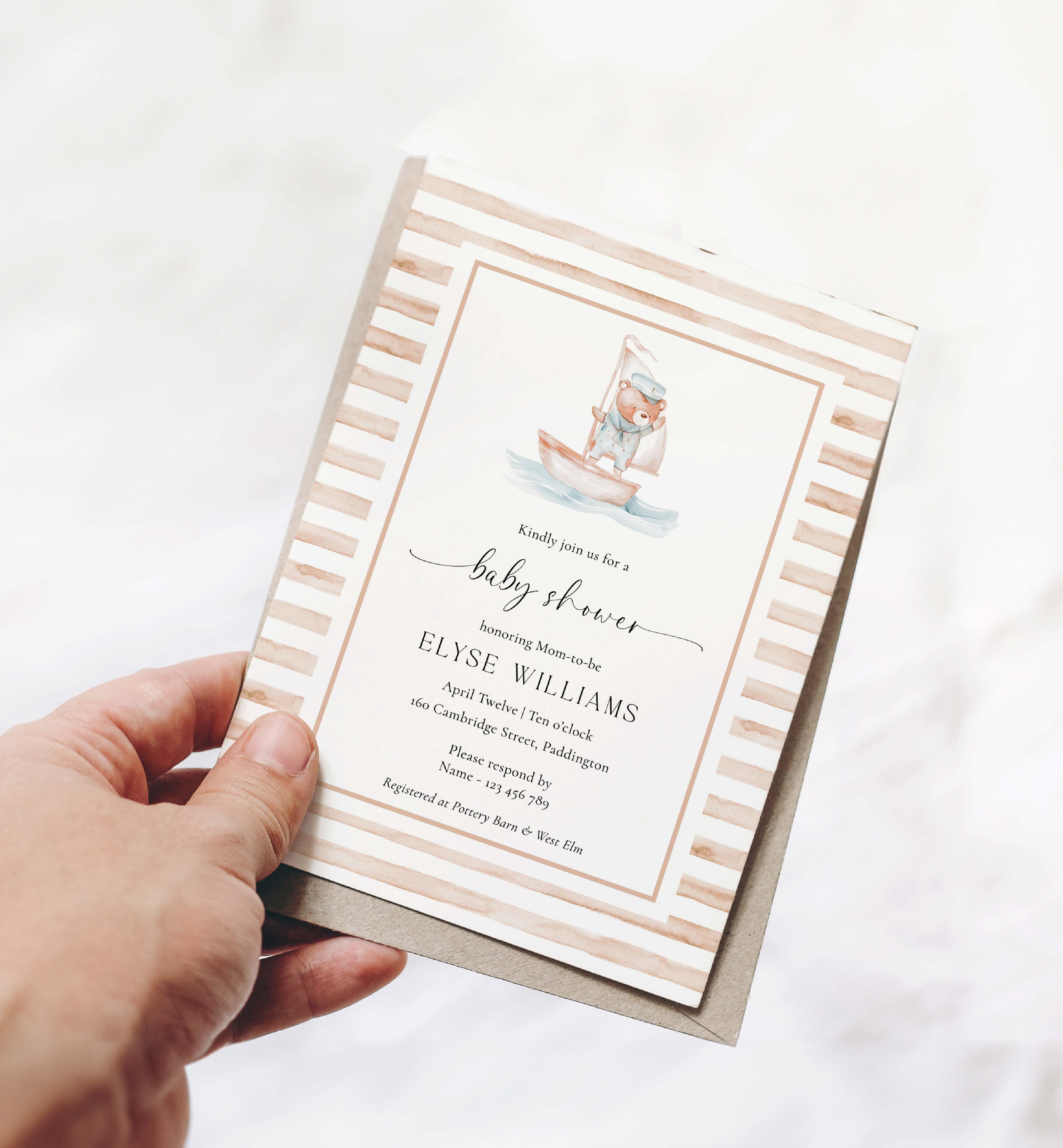 SBR-TAN-1-B3381 - SAILOR BEAR - TAN WHITE - BABY SHOWER INVITATION design preview