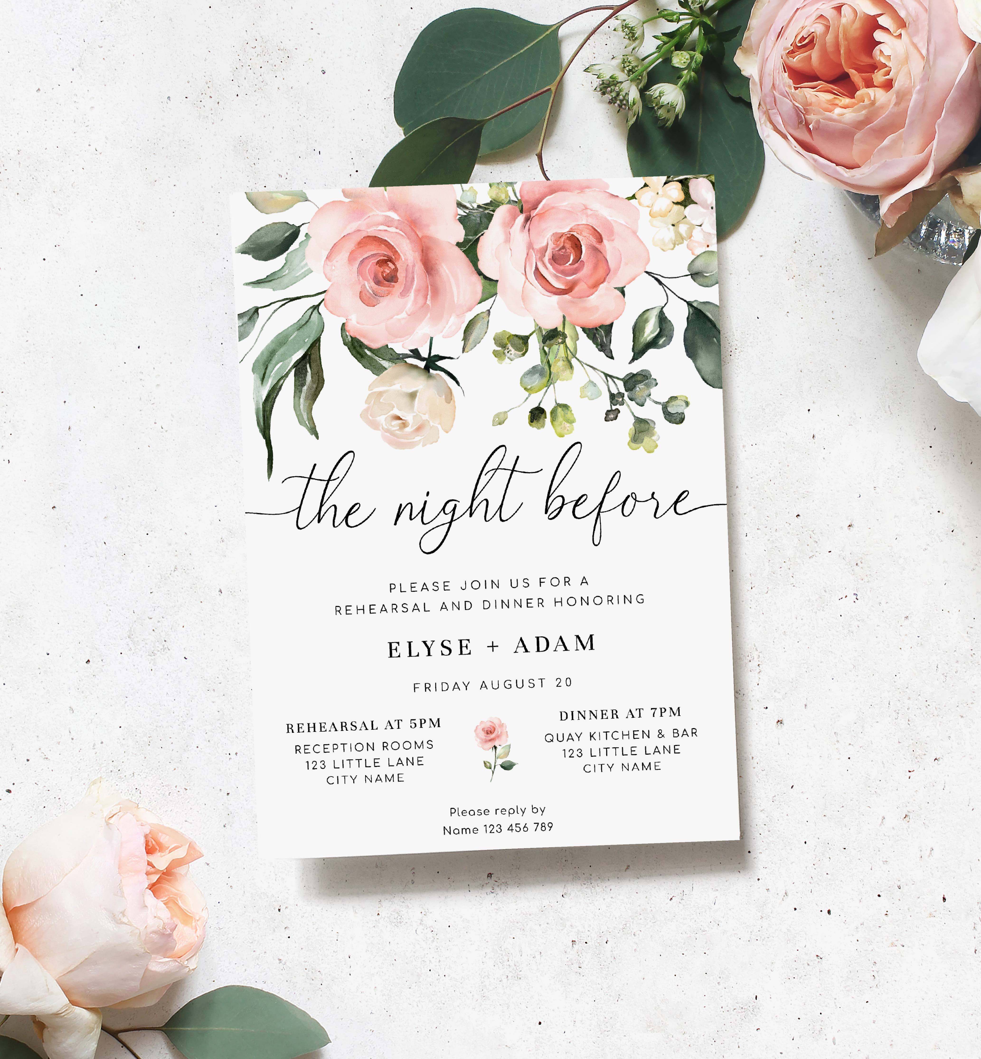 DAR-PNK-1-B2541 - DARCY FLORAL - PINK - REHEARSAL DINNER INVITATION design preview