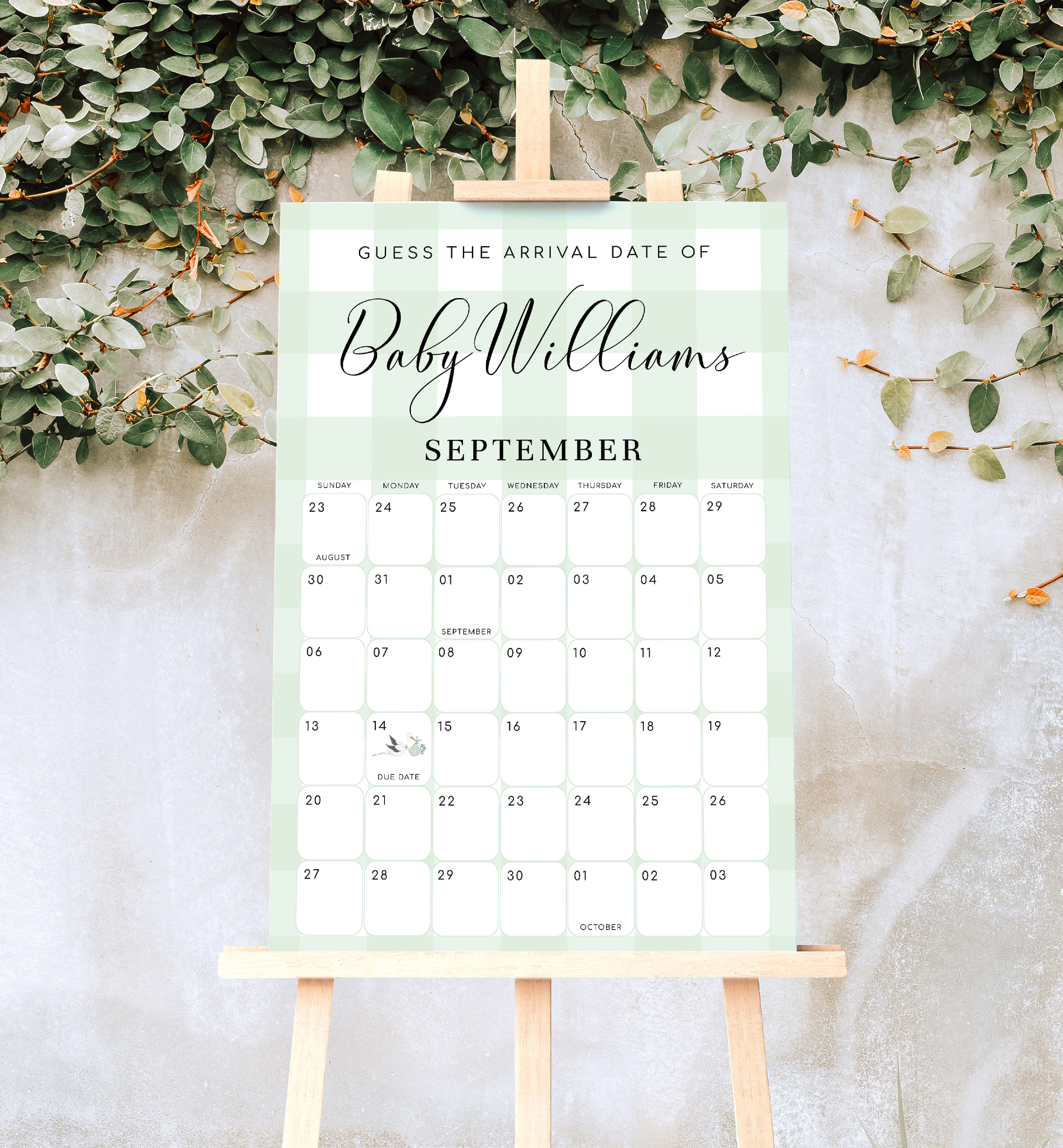 GIN-GRE-10-B2762 - GINGHAM - GREEN - GUESS THE ARRIVAL DATE SIGN design preview