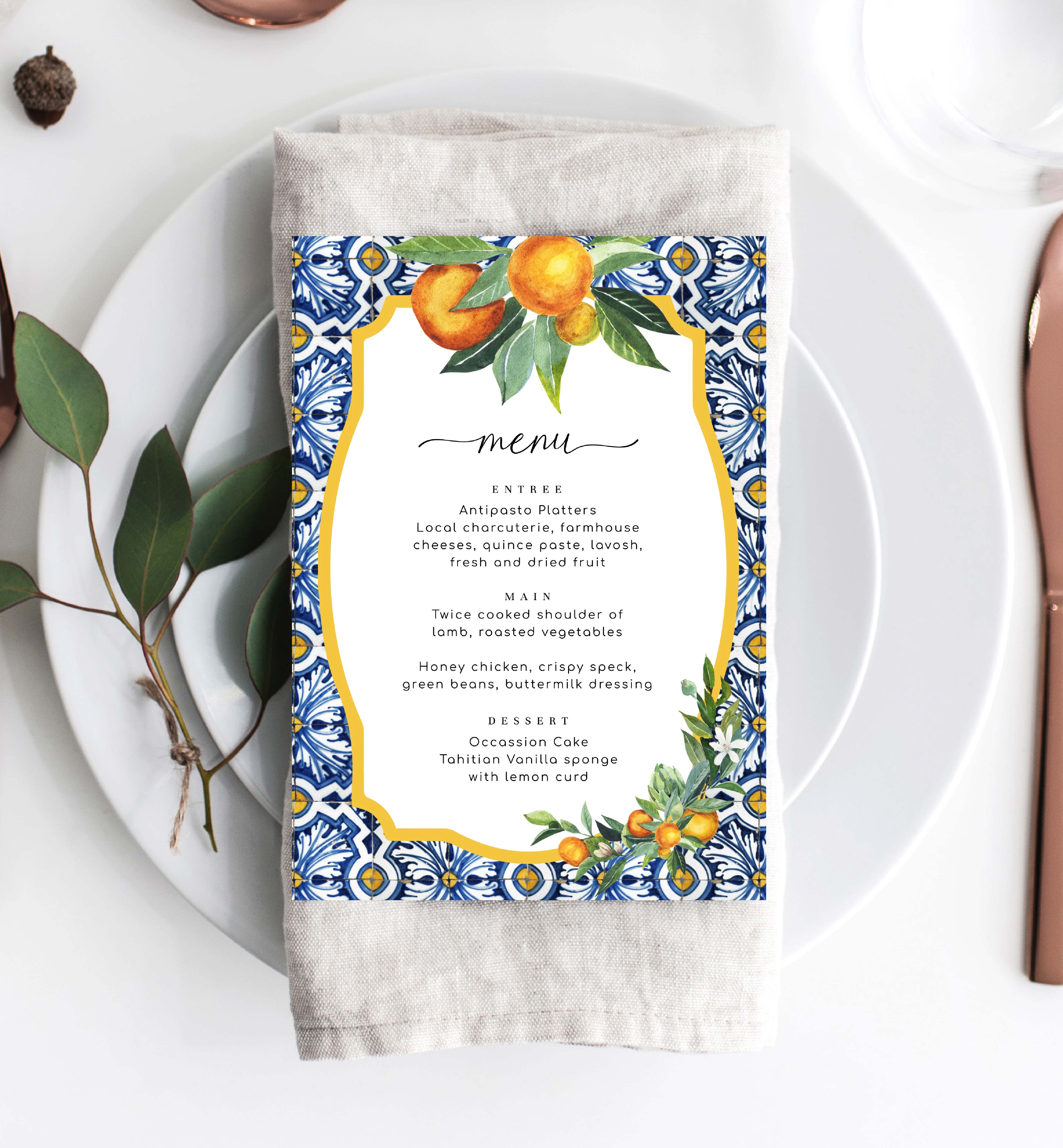 POS-BLO-12-B768 - POSITANO BLUE TILE - ORANGE - MENU design preview