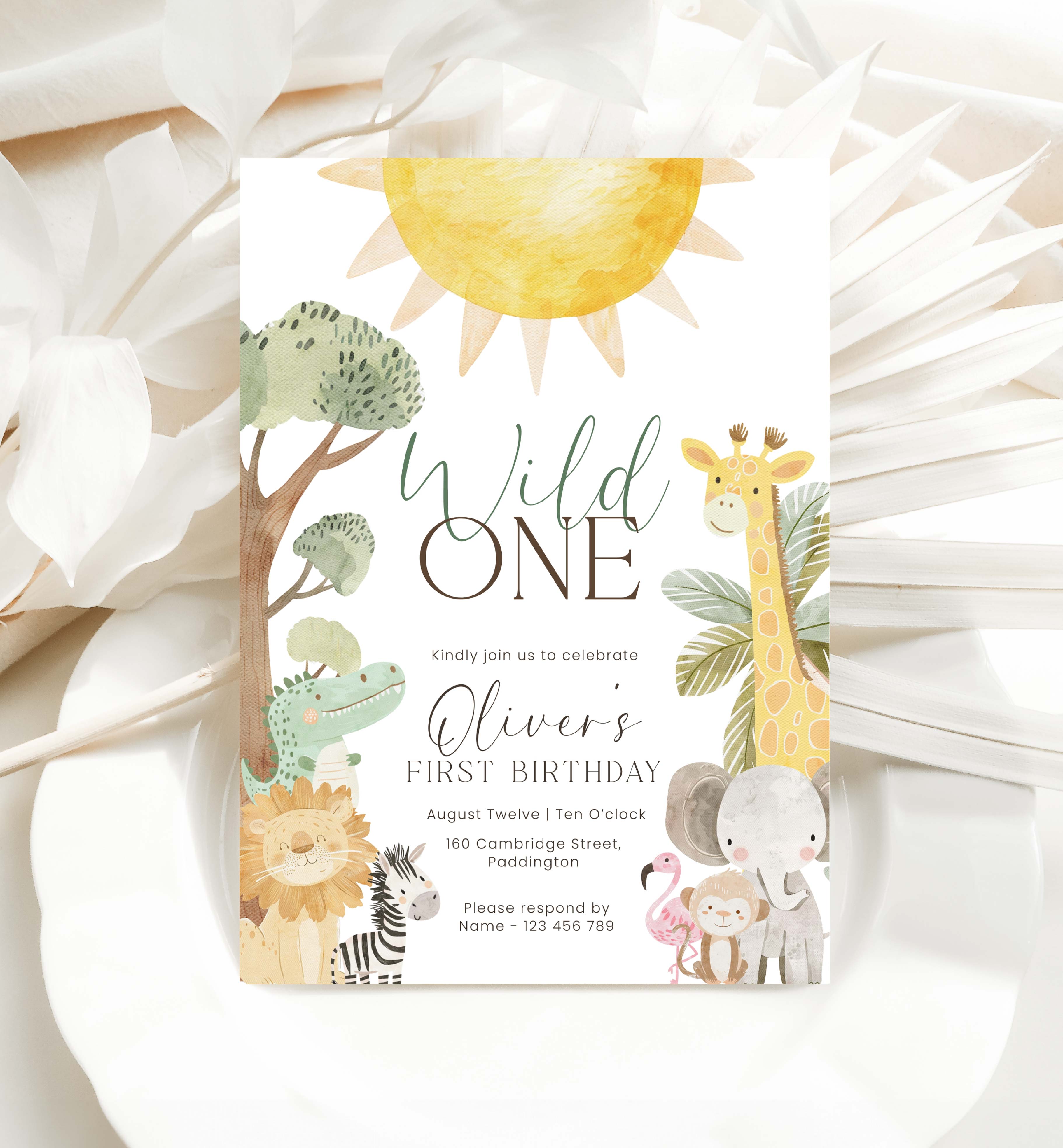 NYS-WHT-1-B3413 - NYALA SAFARI - WHITE - FIRST BIRTHDAY INVITATION design preview
