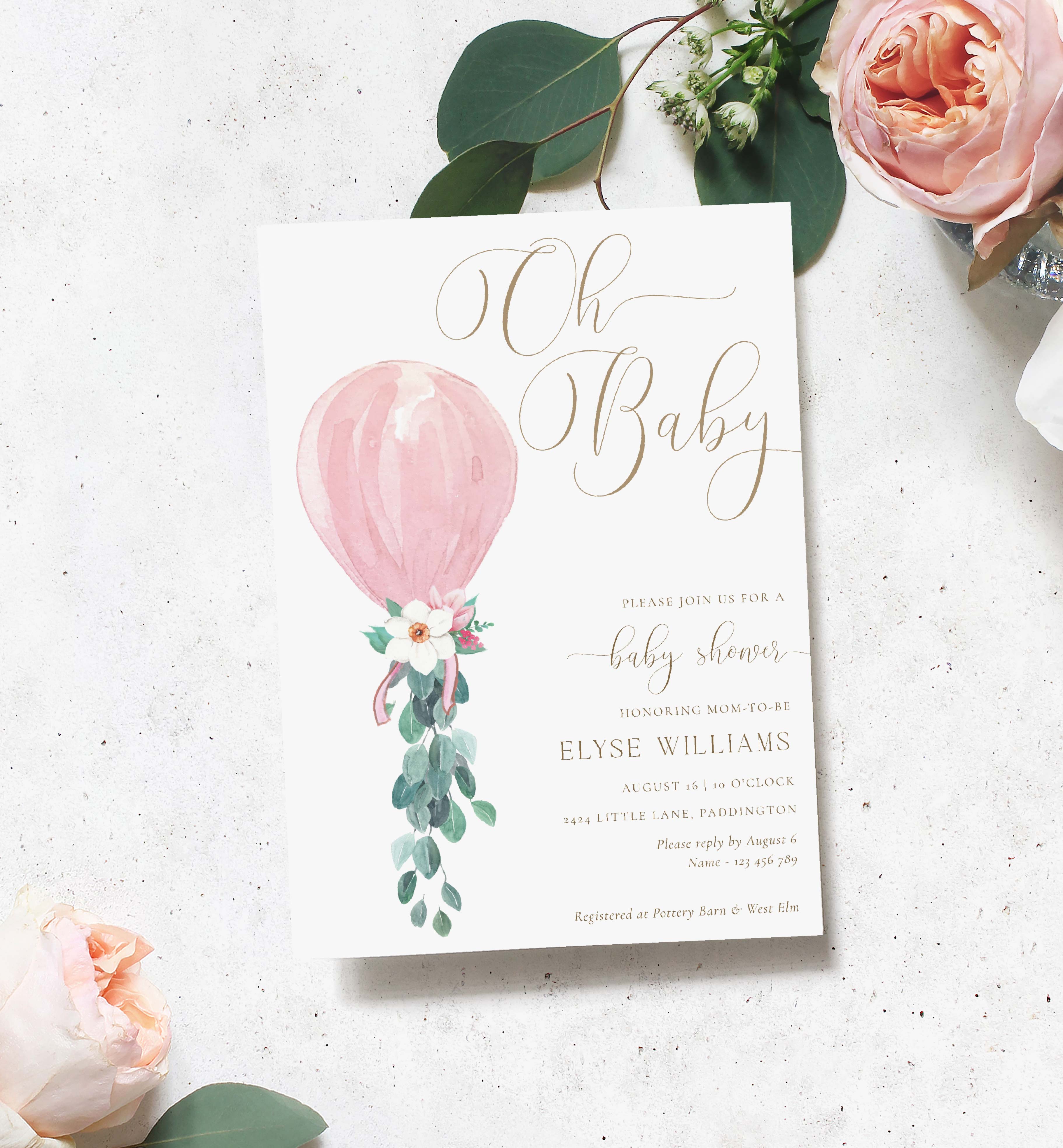 DAF-PNK-1-B3133 - DARLINGTON FLORAL - PINK - OH BABY BABY SHOWER INVITATION design preview
