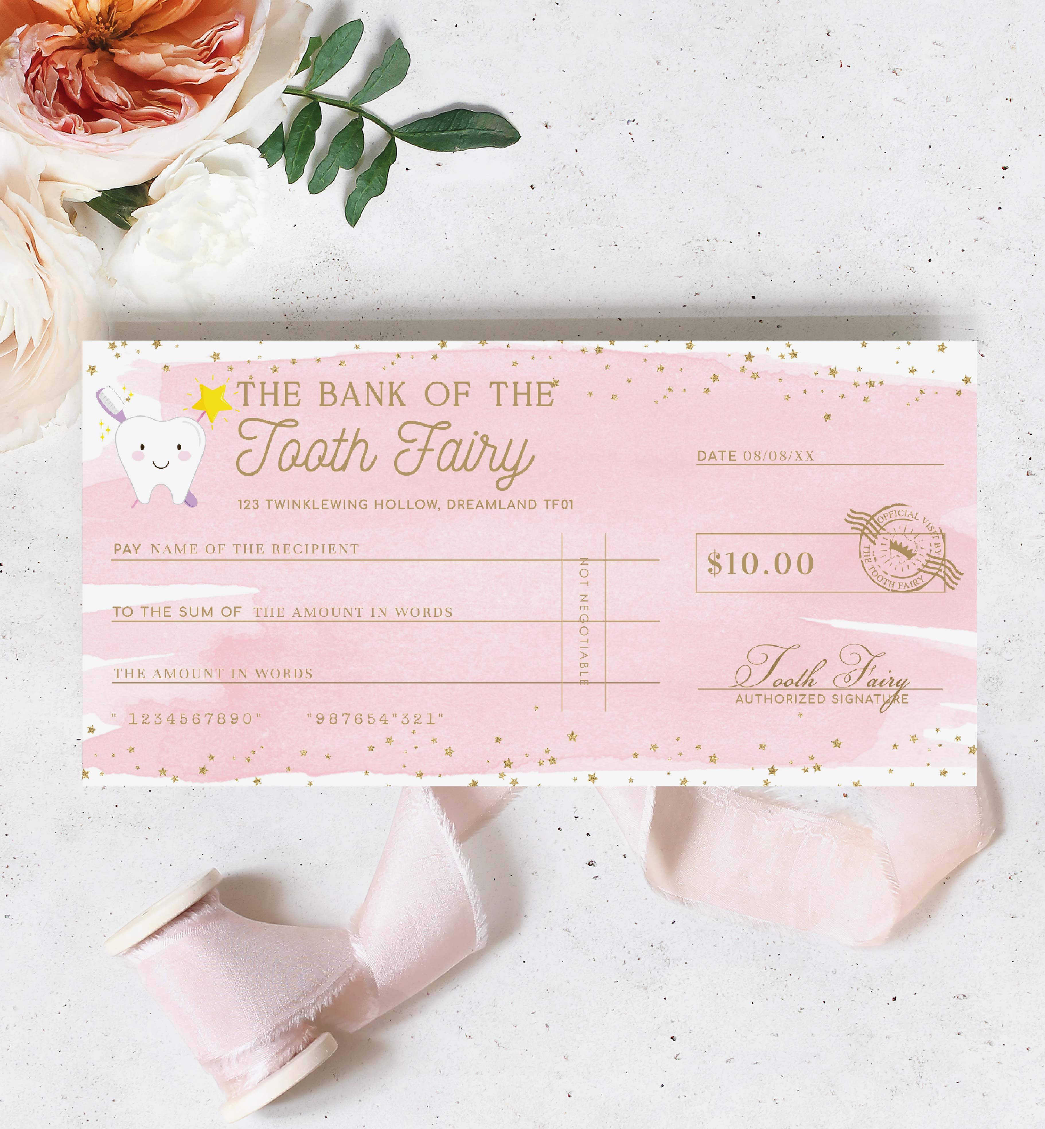 WAT-PKG-14-B3551 - WATERCOLOUR PINK GOLD - TOOTH FAIRY CHEQUE design preview