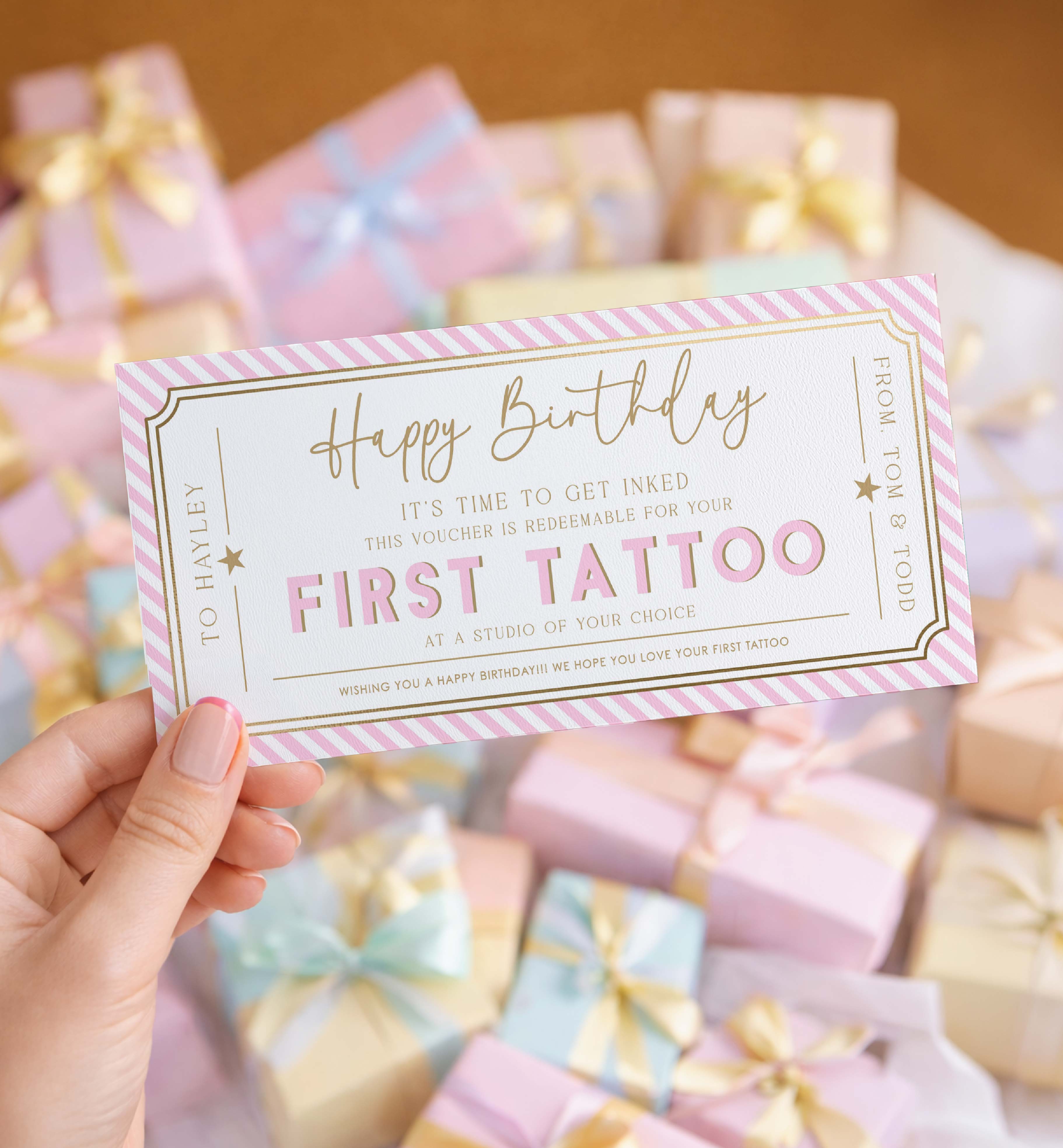 STR-PNK-14-B3870 - STRIPE - PINK - FIRST TATTOO GIFT CERTIFICATE - DL design preview