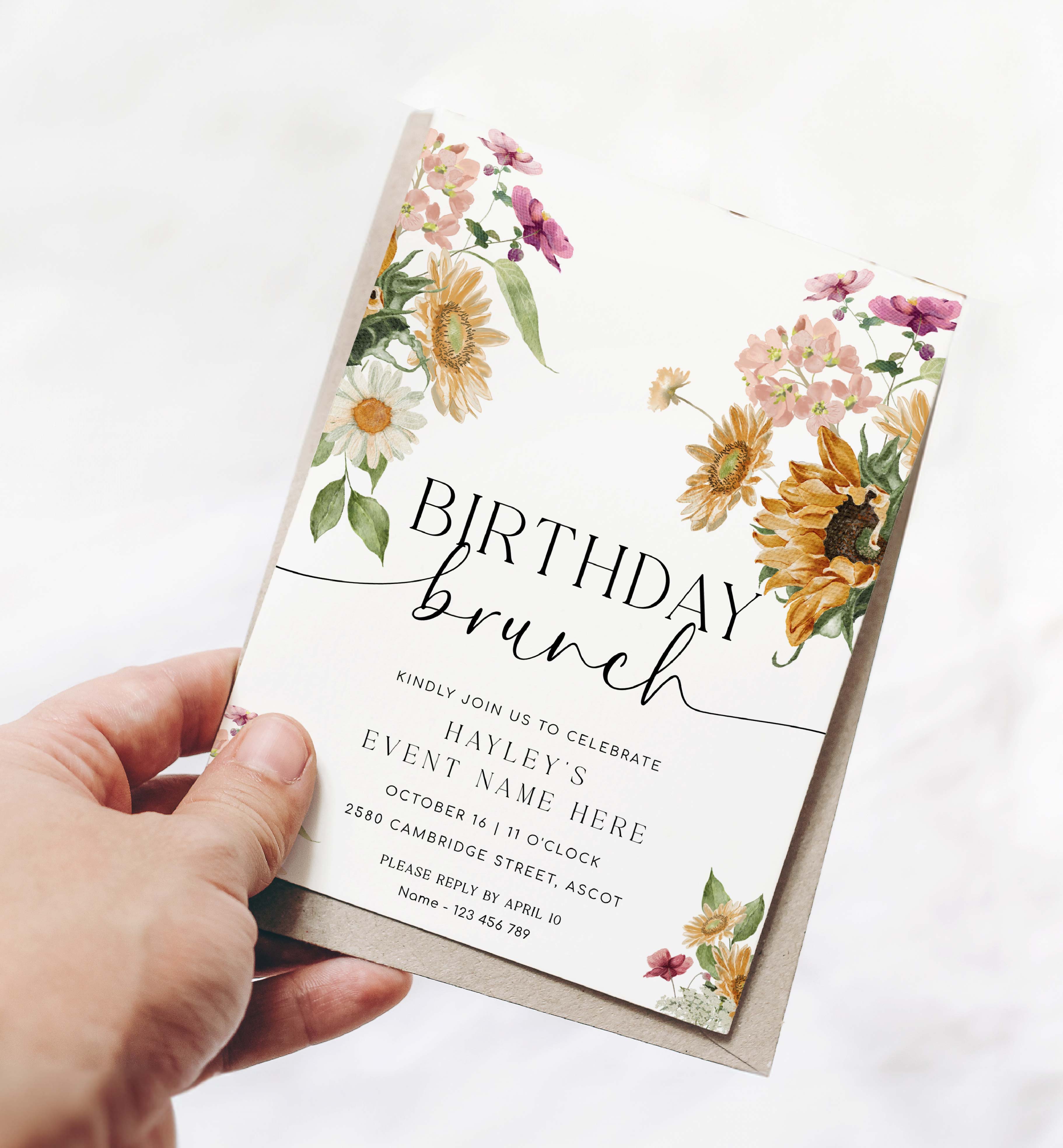 MEW-WHT-1-B3354 - MEWS FLORAL - WHITE - BIRTHDAY BRUNCH INVITATION design preview