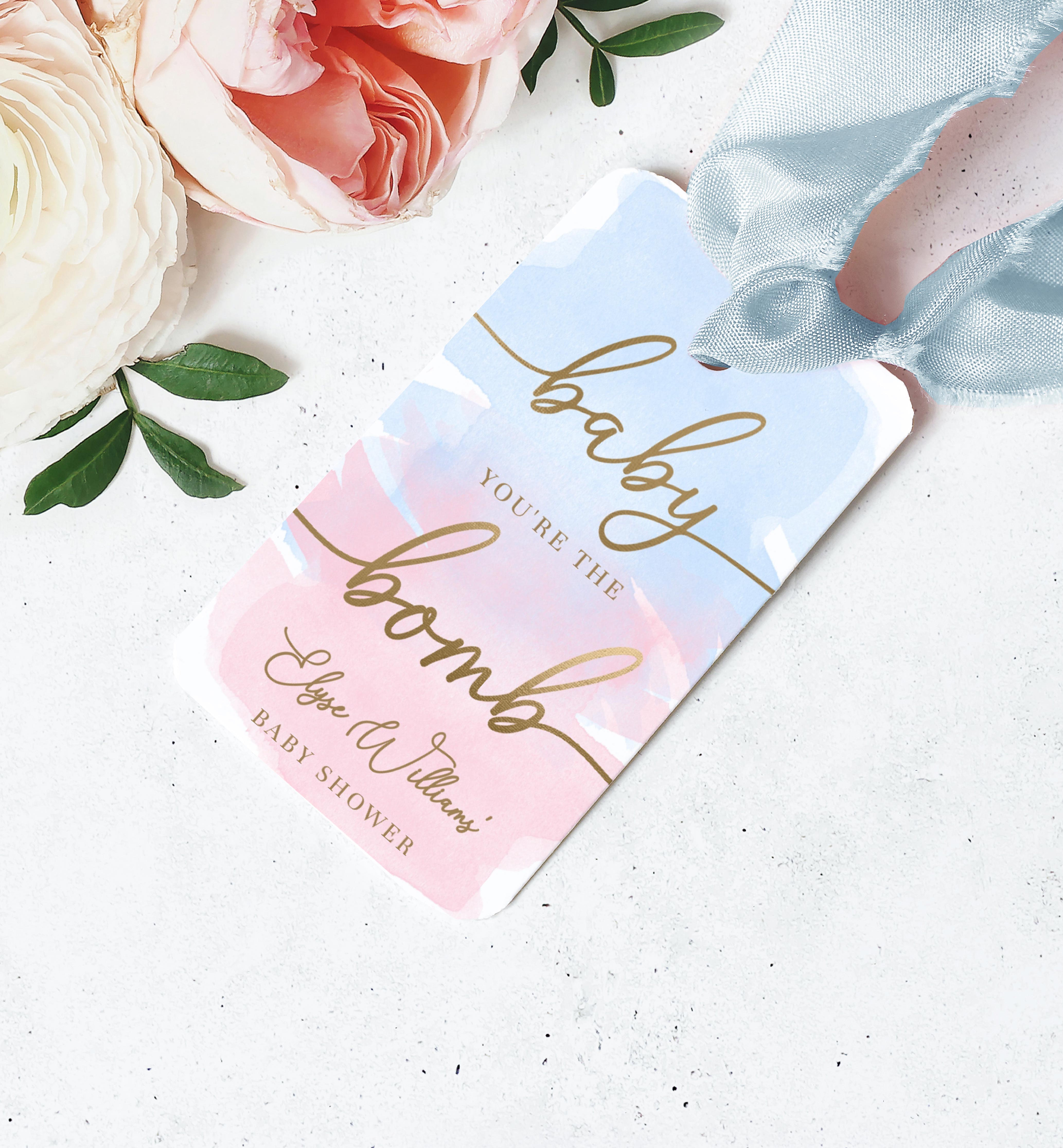WAT-PNB-6-B1929 - WATERCOLOUR PINK BLUE - GOLD - BABY YOU'RE THE BOMB FAVOUR TAG design preview