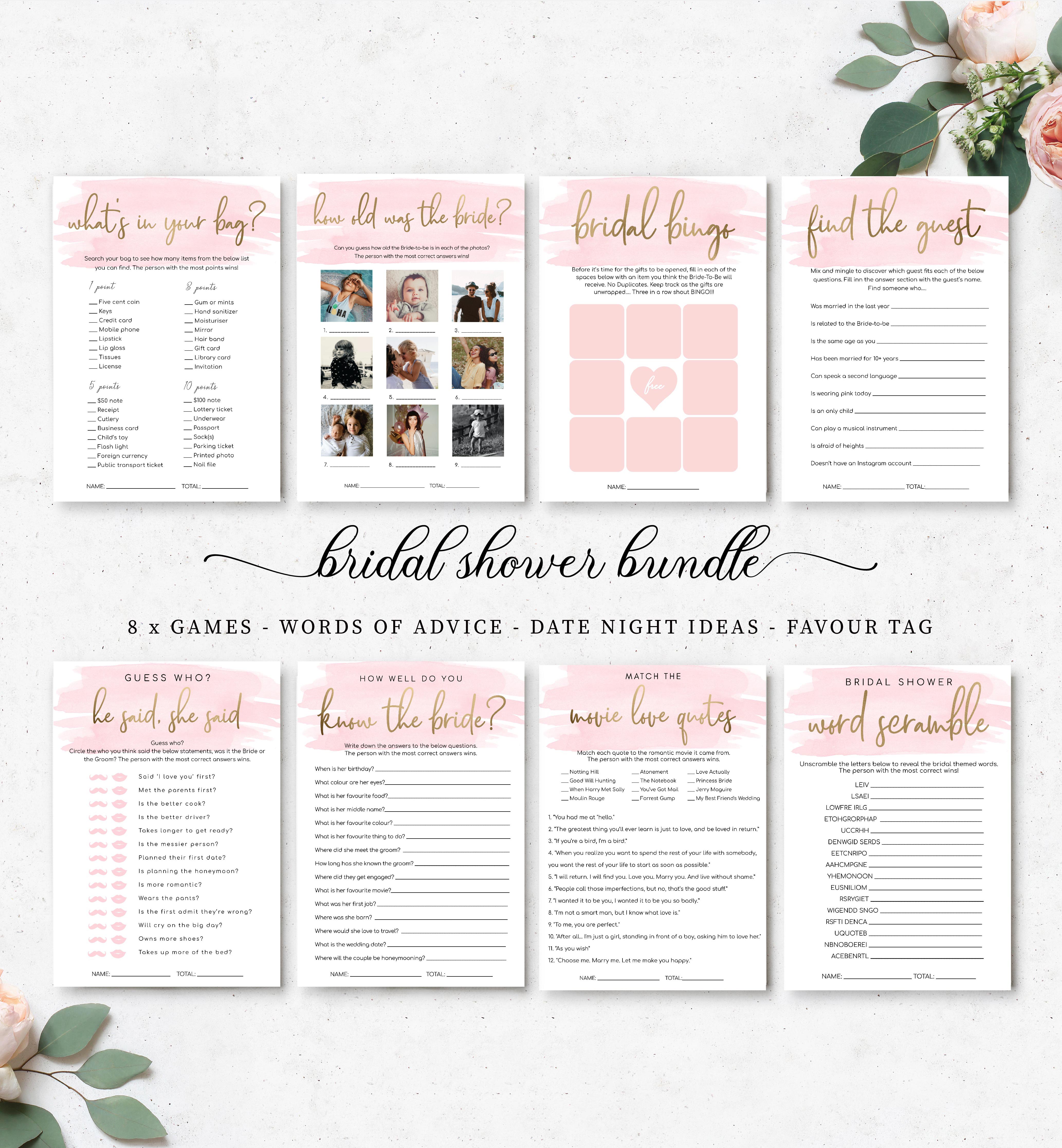 WAT-PNK-10-B593 - WATERCOLOUR PINK - GOLD FOIL - BRIDAL SHOWER GAMES BUNDLE design preview