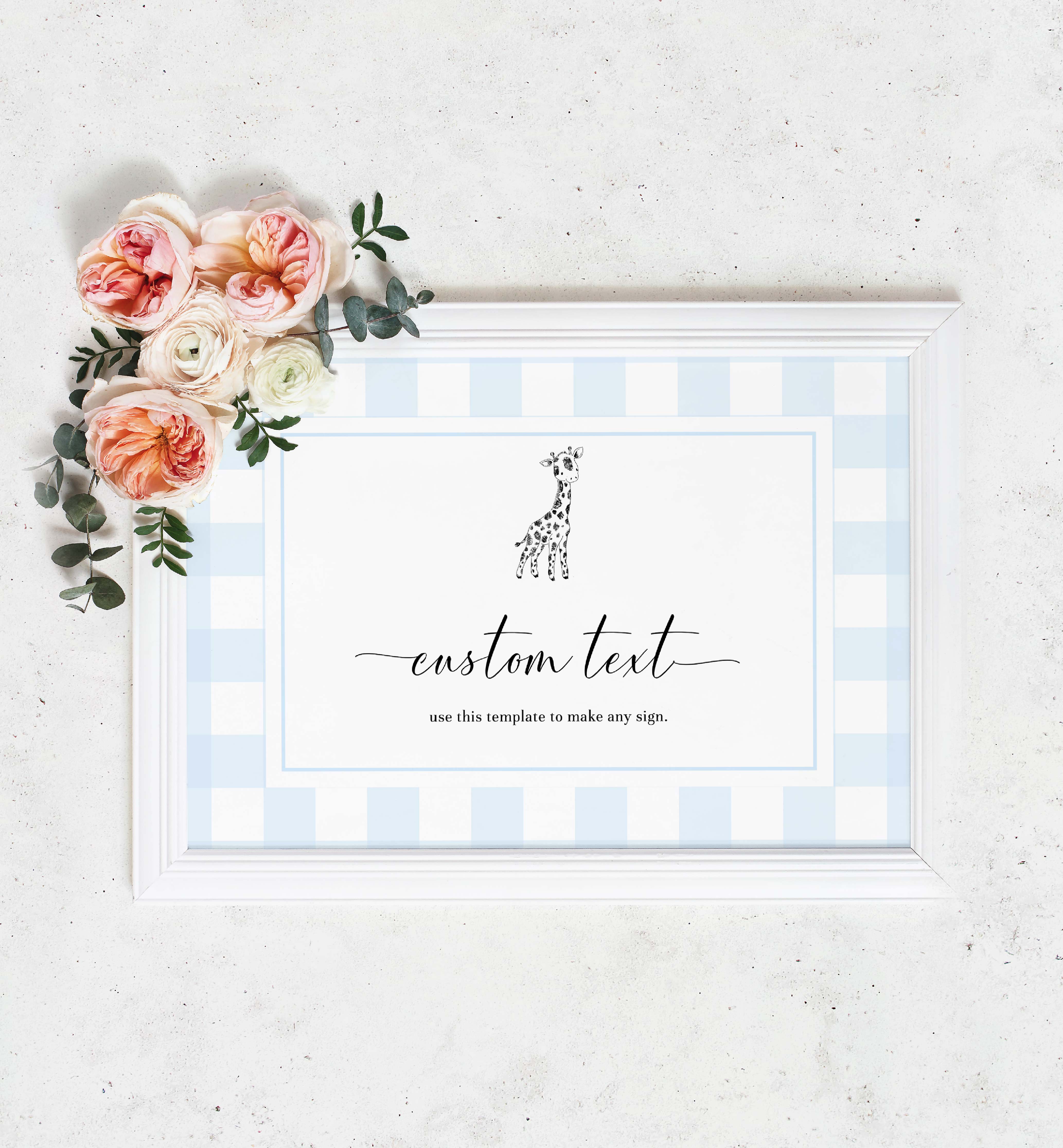 GIN-BLU-7-B2743 - GINGHAM - BLUE GIRAFFE - CUSTOM TEXT SIGN design preview