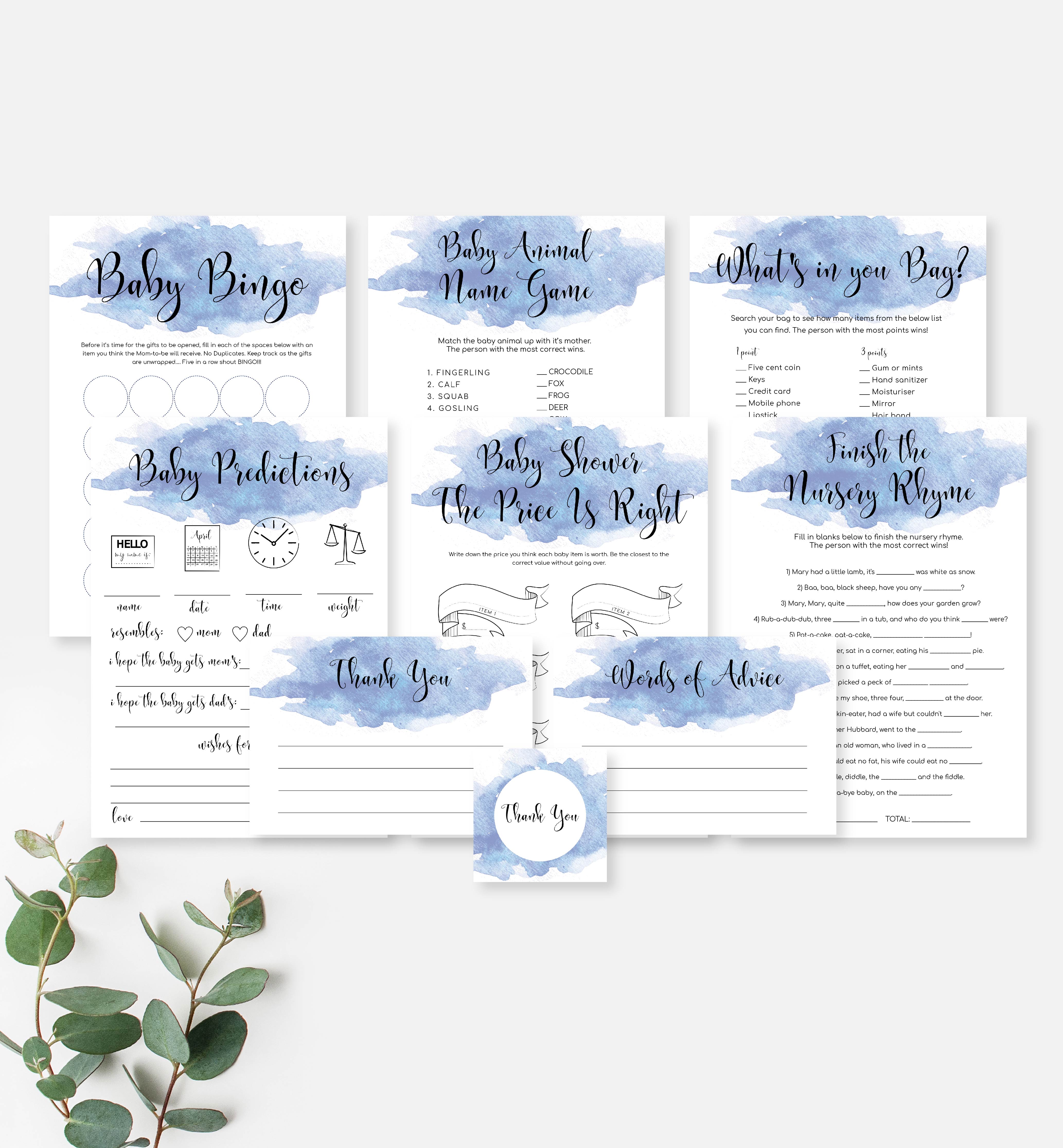 WAT-DKB-10-B821 - WATERCOLOUR - DARK BLUE - BABY SHOWER GAMES BUNDLE design preview