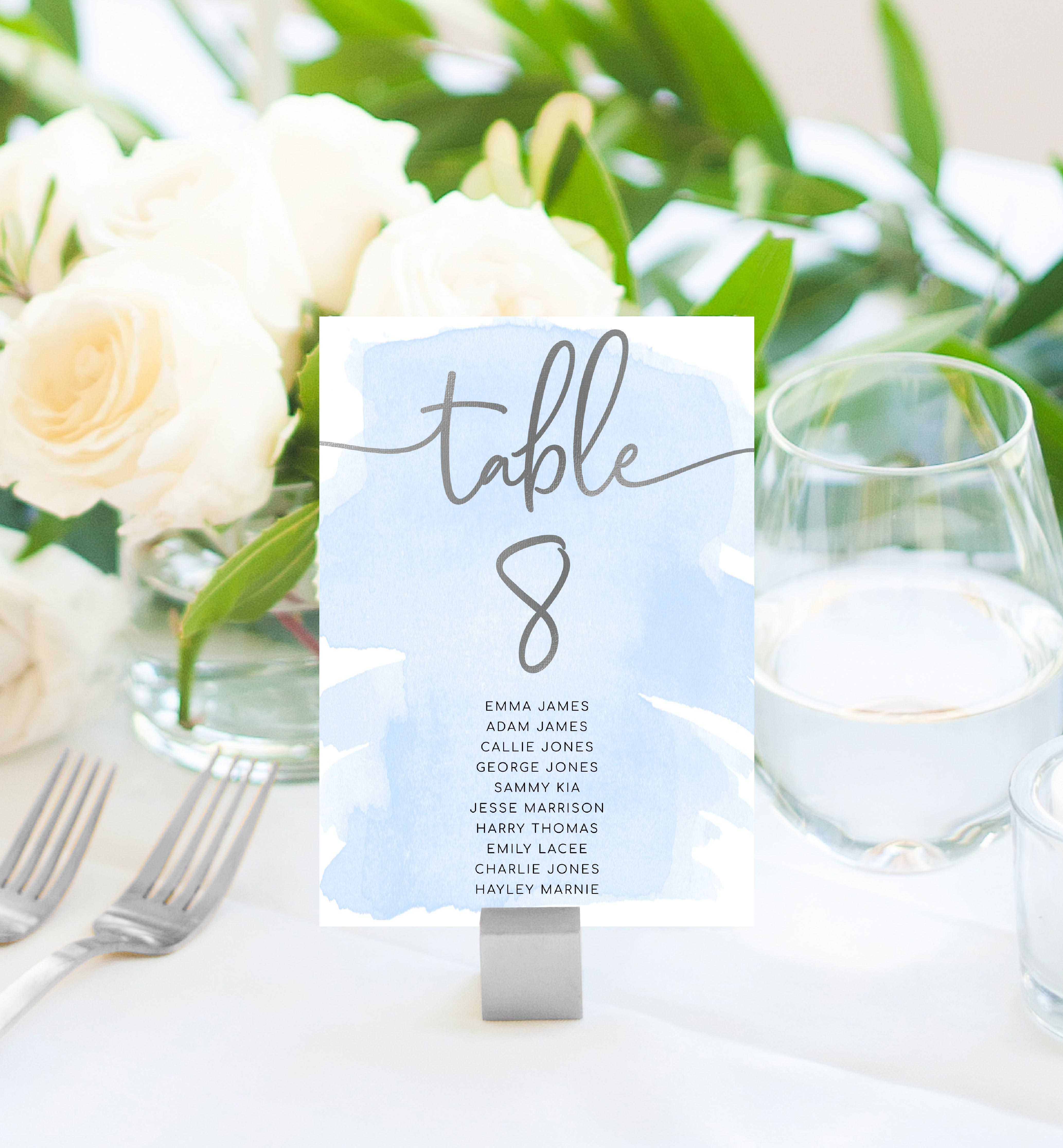 WAT-BLU-9-B111 - WATERCOLOUR BLUE - SILVER FOIL - TABLE NUMBERS design preview
