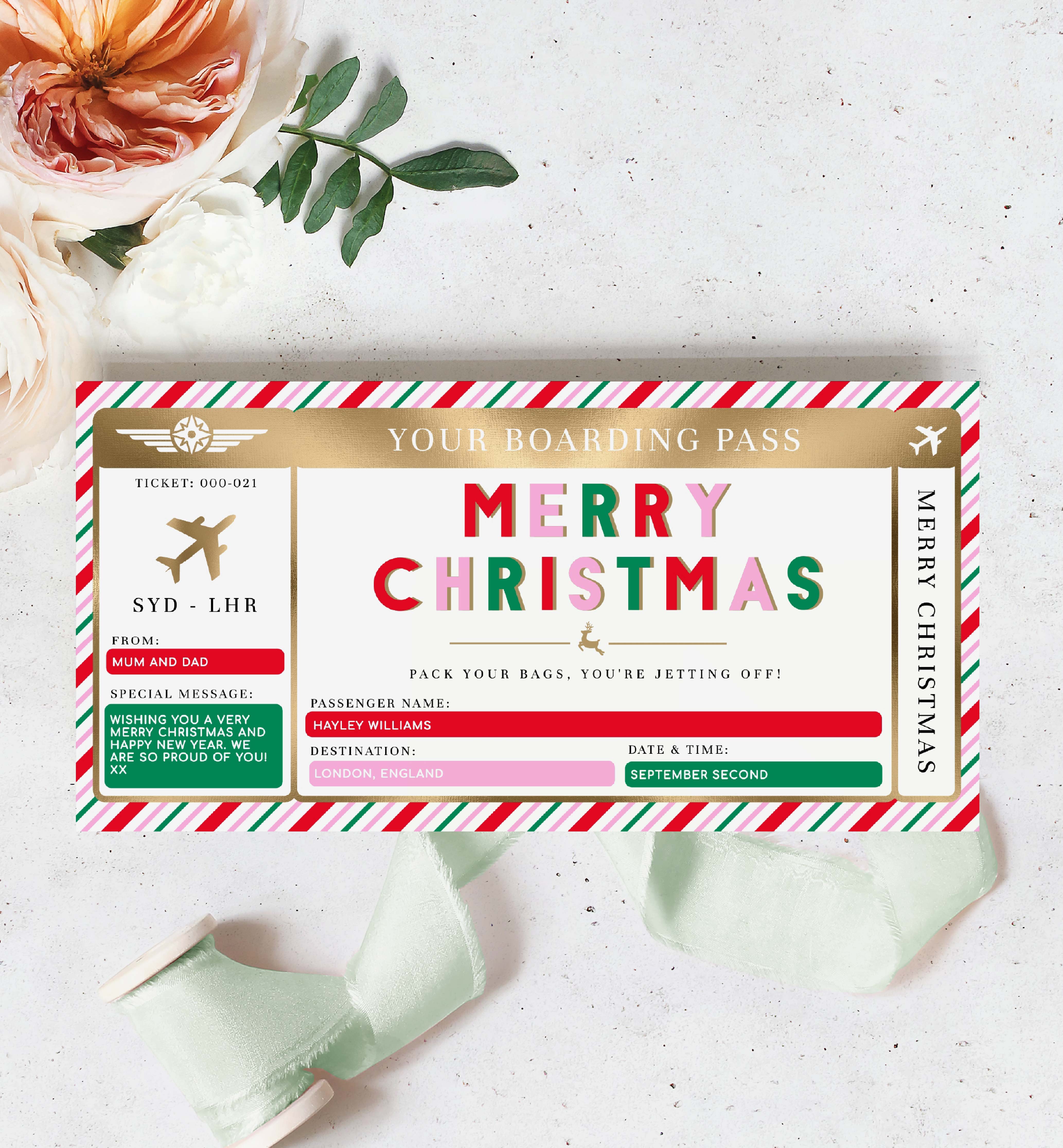 STR-PMT-14-B2861 - STRIPE - PINK MULTI - CHRISTMAS BOARDING PASS design preview