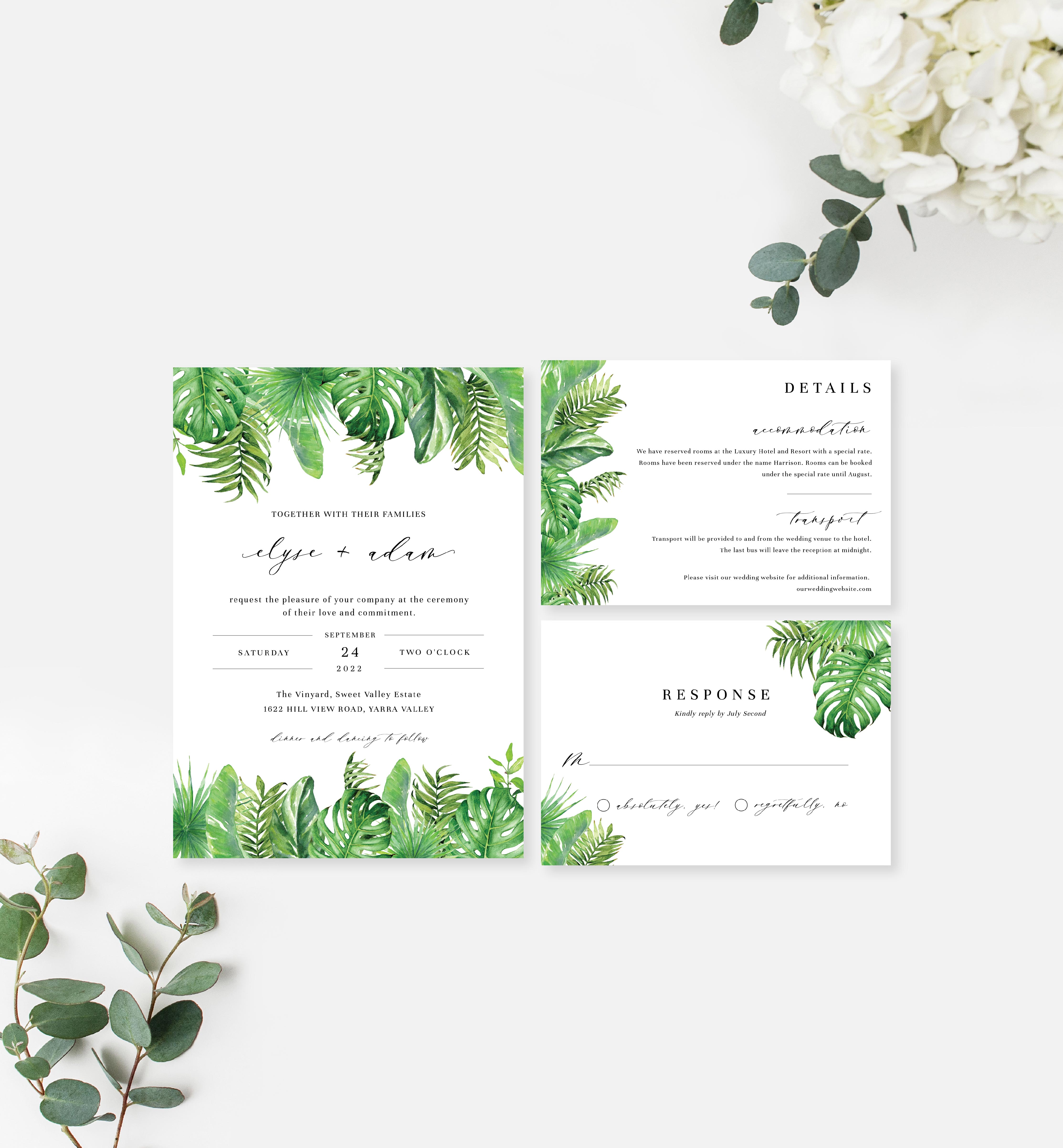 NAN-GRE-1-B736 - NANTUCKET PALM - GREEN - WEDDING INVITATION SUITE design preview