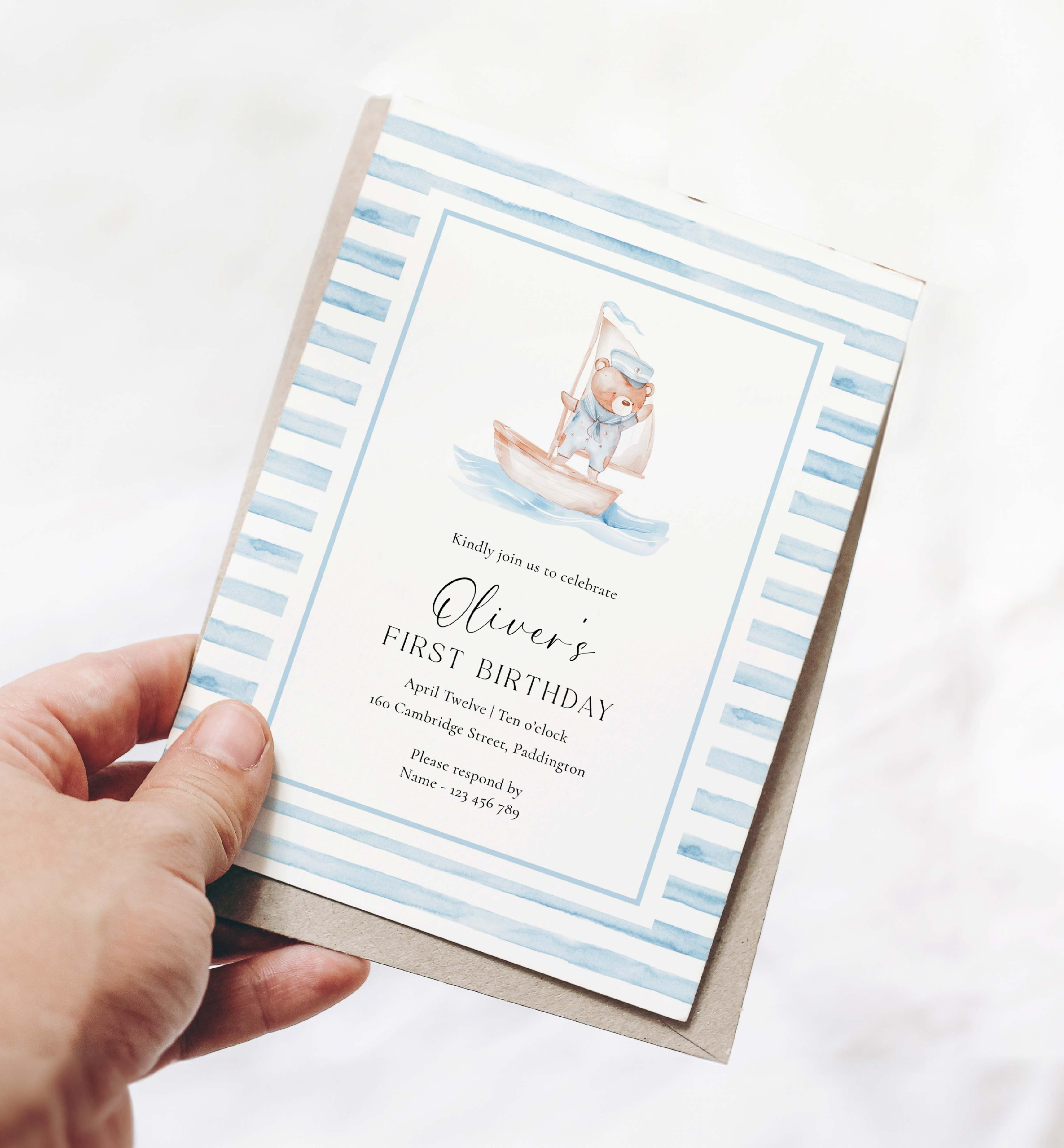 SBR-BLW-1-B3389 - SAILOR BEAR - BLUE WHITE - FIRST BIRTHDAY INVITATION design preview
