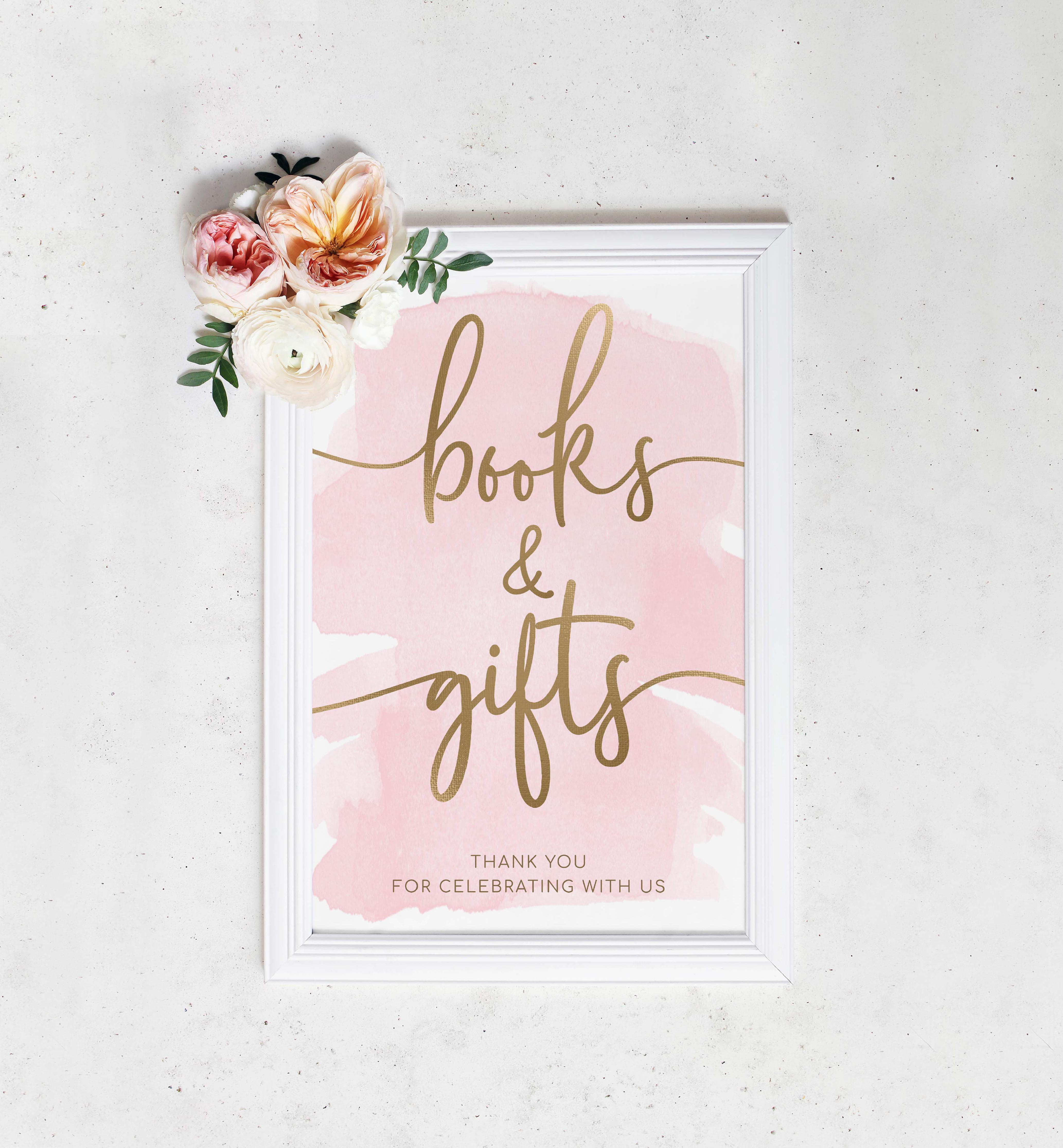 WAT-PNK-7-B362 - WATERCOLOUR PINK - GOLD FOIL - BOOKS AND GIFTS SIGN design preview