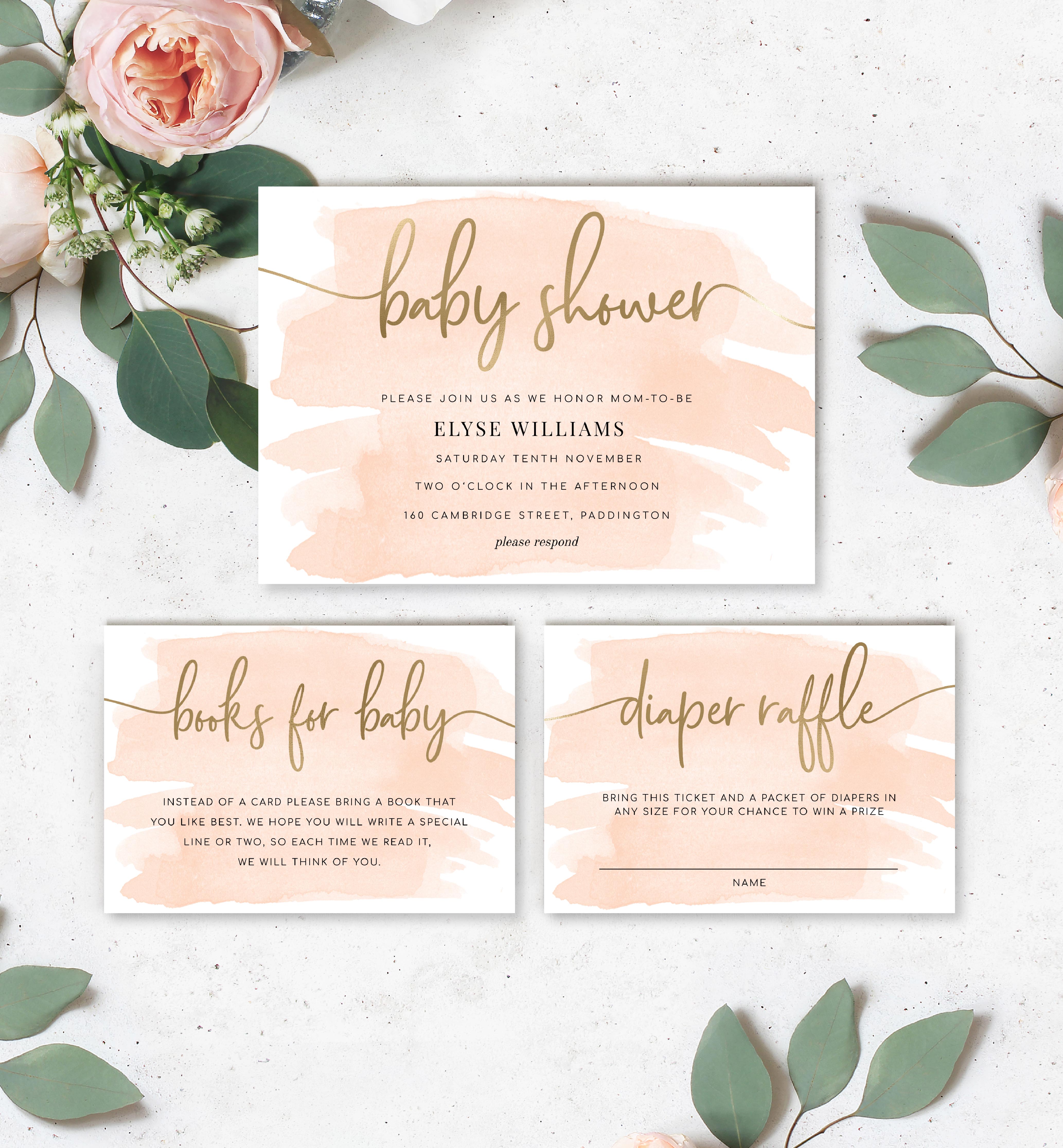 WAT-PEA-1-B290 - WATERCOLOUR PEACH - GOLD FOIL - BABY SHOWER INVITATION SUITE design preview
