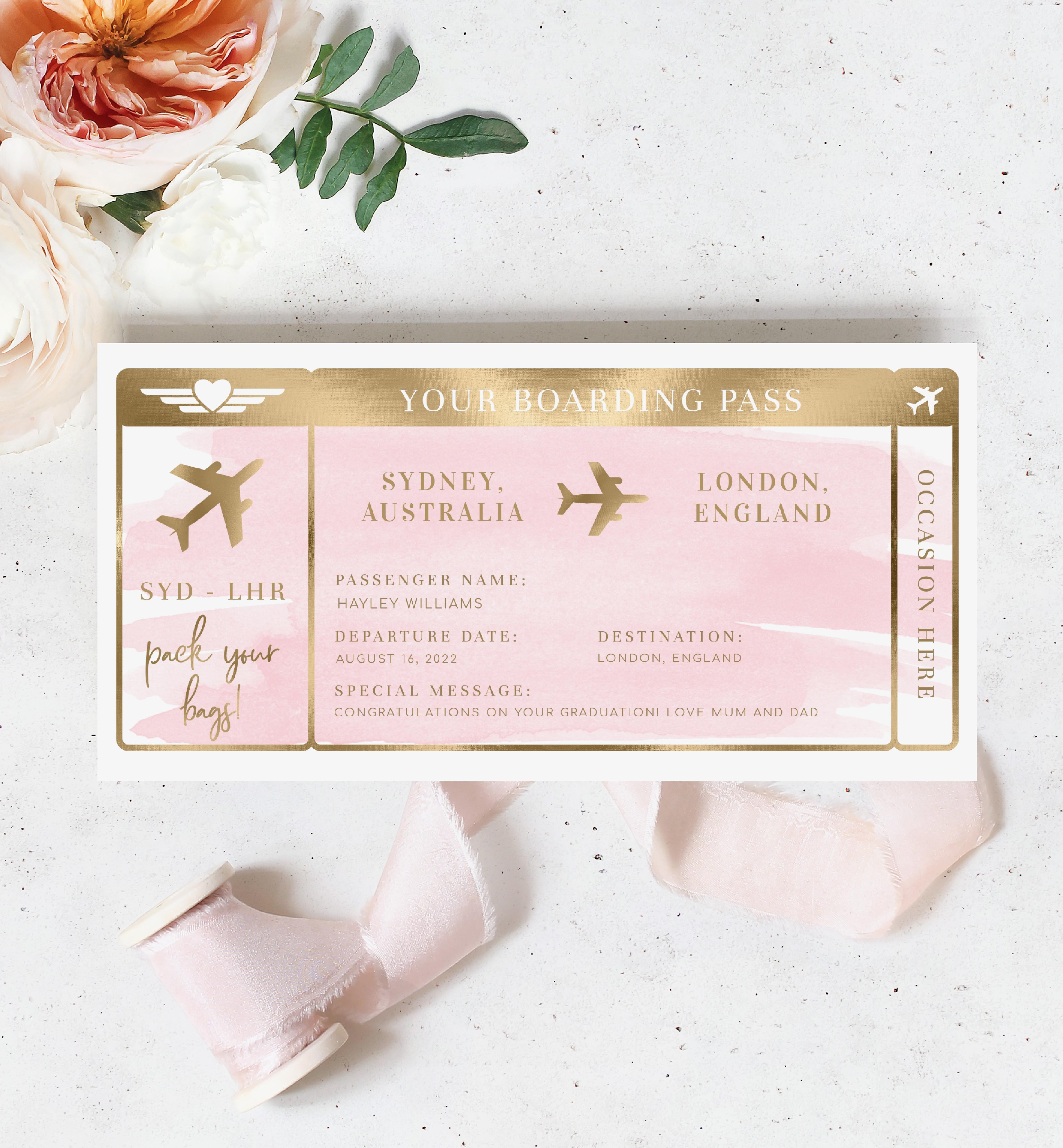 WAT-PNK-1-B1118 - WATERCOLOUR PINK - GOLD - BOARDING PASS design preview