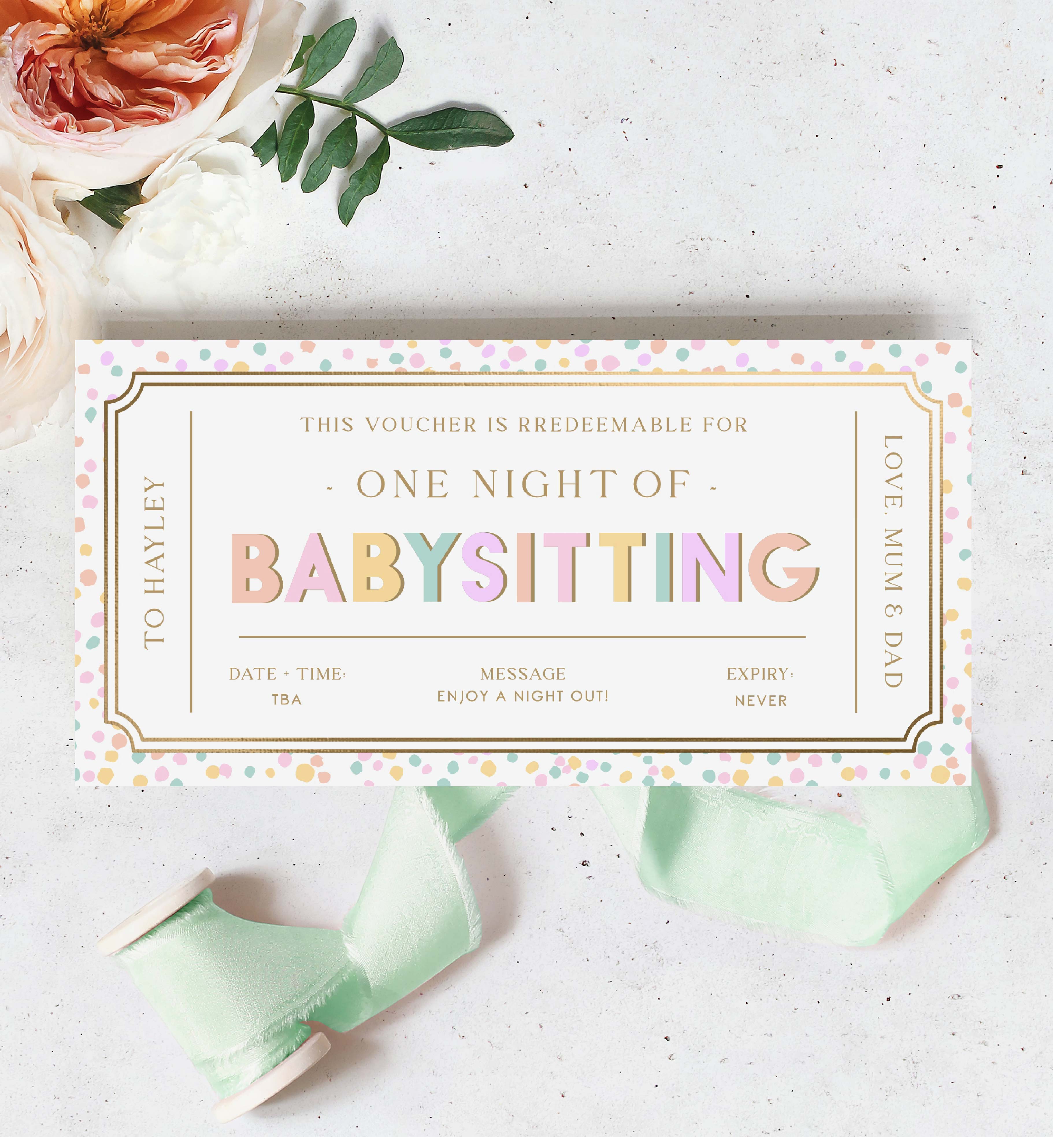 DOT-PMT-14-B3005 - DOT - PASTEL MULTI - BABYSITTING GIFT CERTIFICATE design preview