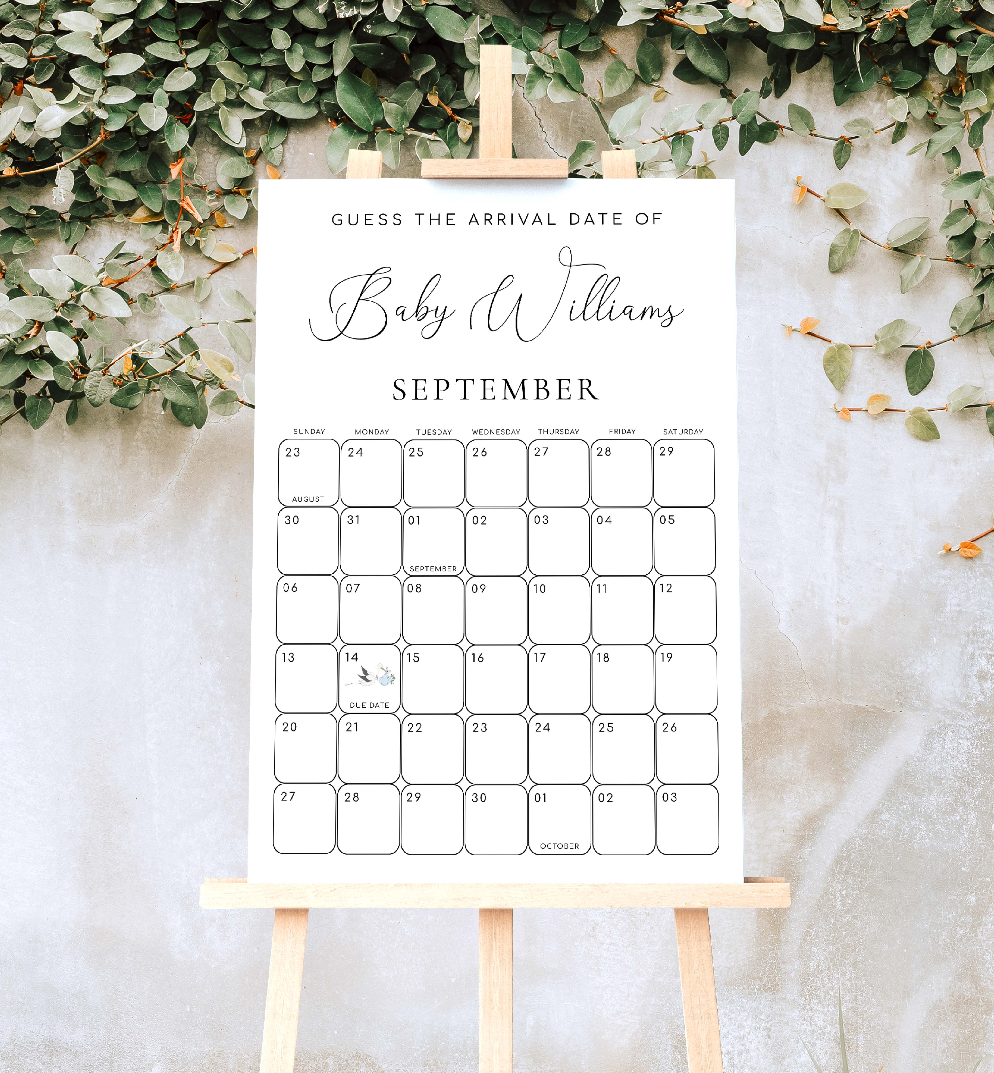 QSC-WHT-10-B2824 - QUINN SCRIPT - WHITE - GUESS THE ARRIVAL DATE GAME SIGN design preview
