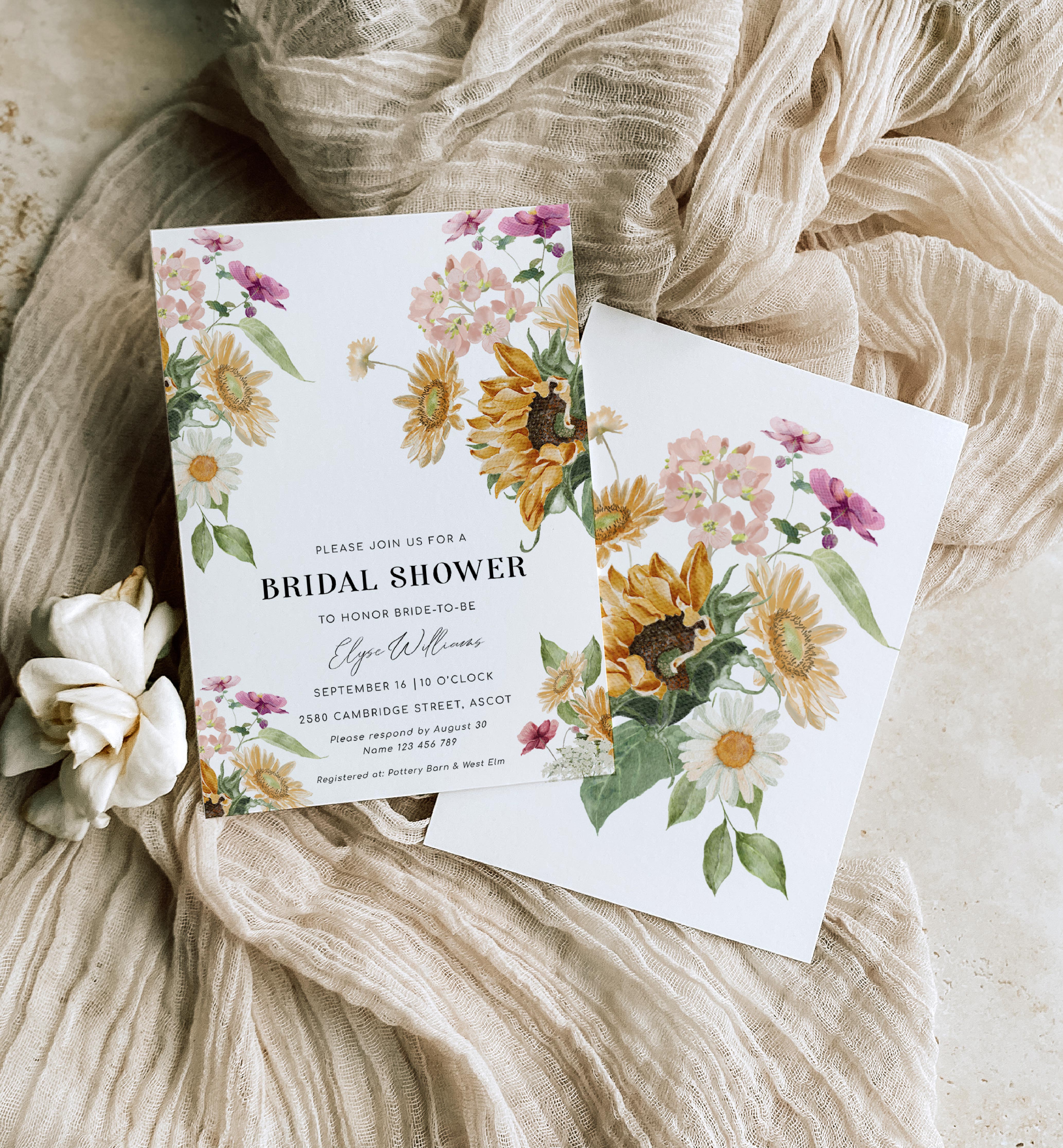 MEW-WHT-1-B2153 - MEWS FLORAL - WHITE - BRIDAL SHOWER INVITAITON design preview