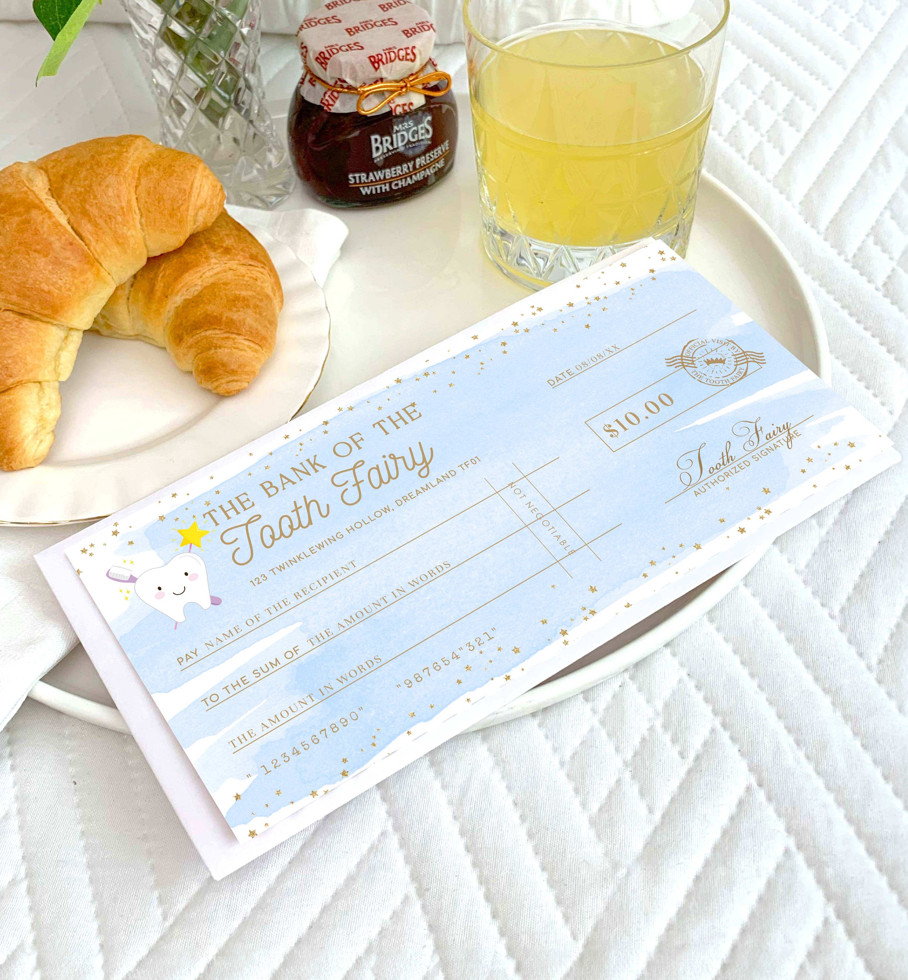 WAT-BLG-14-B3551 - WATERCOLOUR BLUE GOLD - TOOTH FAIRY CHEQUE design preview