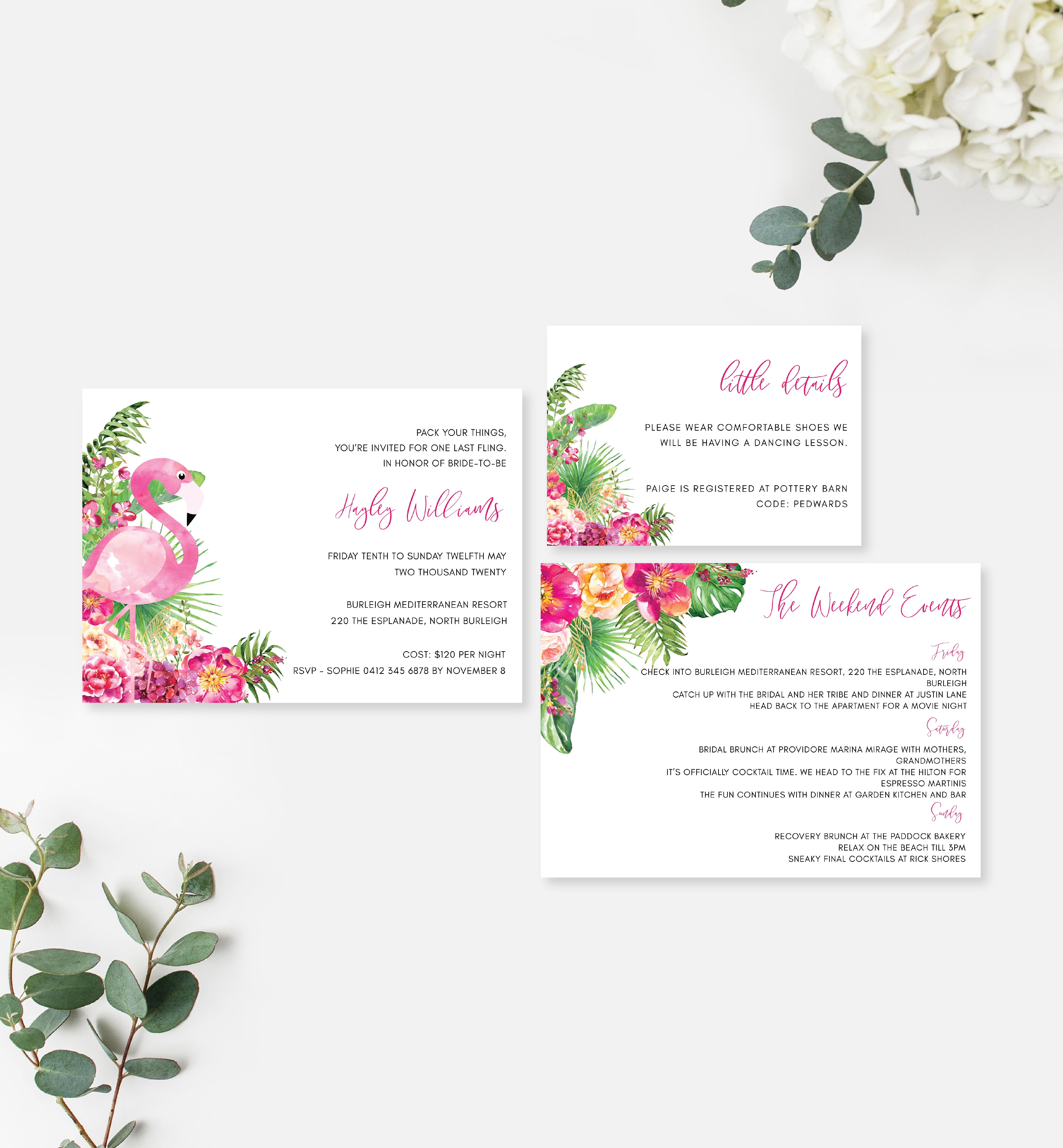 LAF-WHT-1-B297 - LAGUNA FLAMINGO - WHITE - BACHELORETTE WEEKEND INVITAITON SUITE design preview