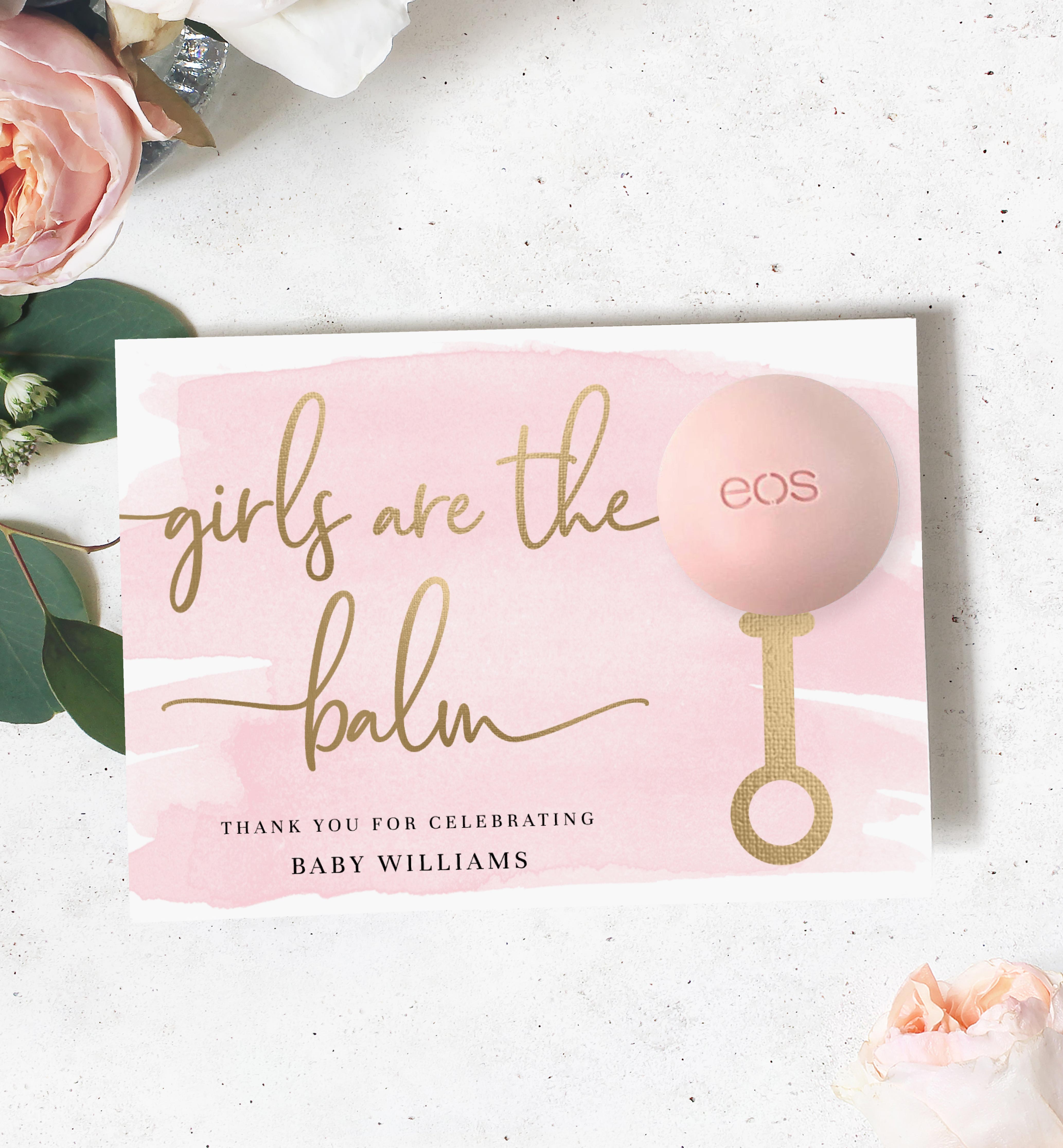 WAT-PNK-6-B2059 - WATERCOLOUR PINK - GOLD - GIRLS ARE THE BALM LIP BALM FAVOUR CARD design preview