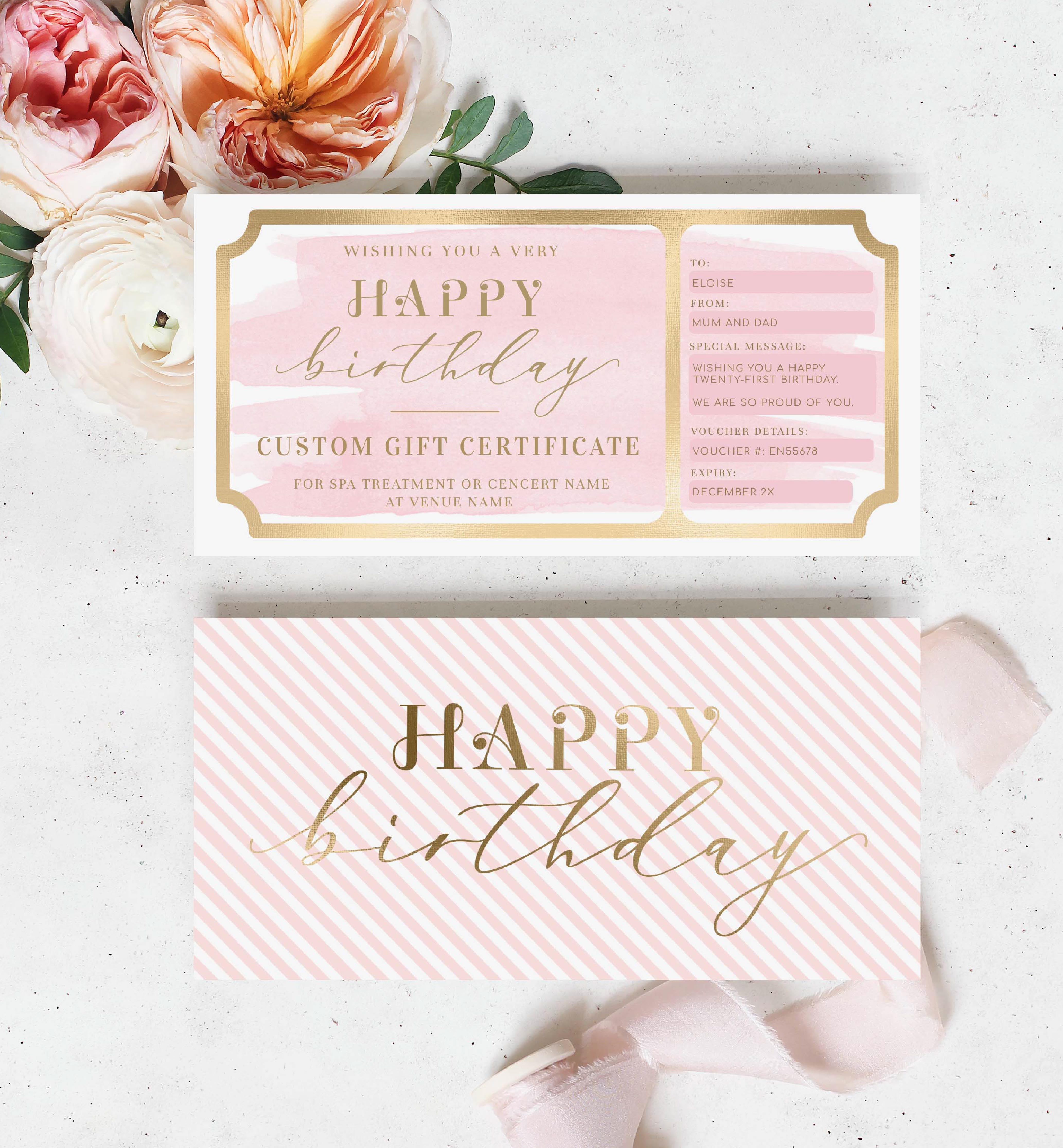 WAT-PNK-14-B1777 - WATERCOLOUR PINK - GOLD - BIRTHDAY GIFT CERTIFICATE design preview