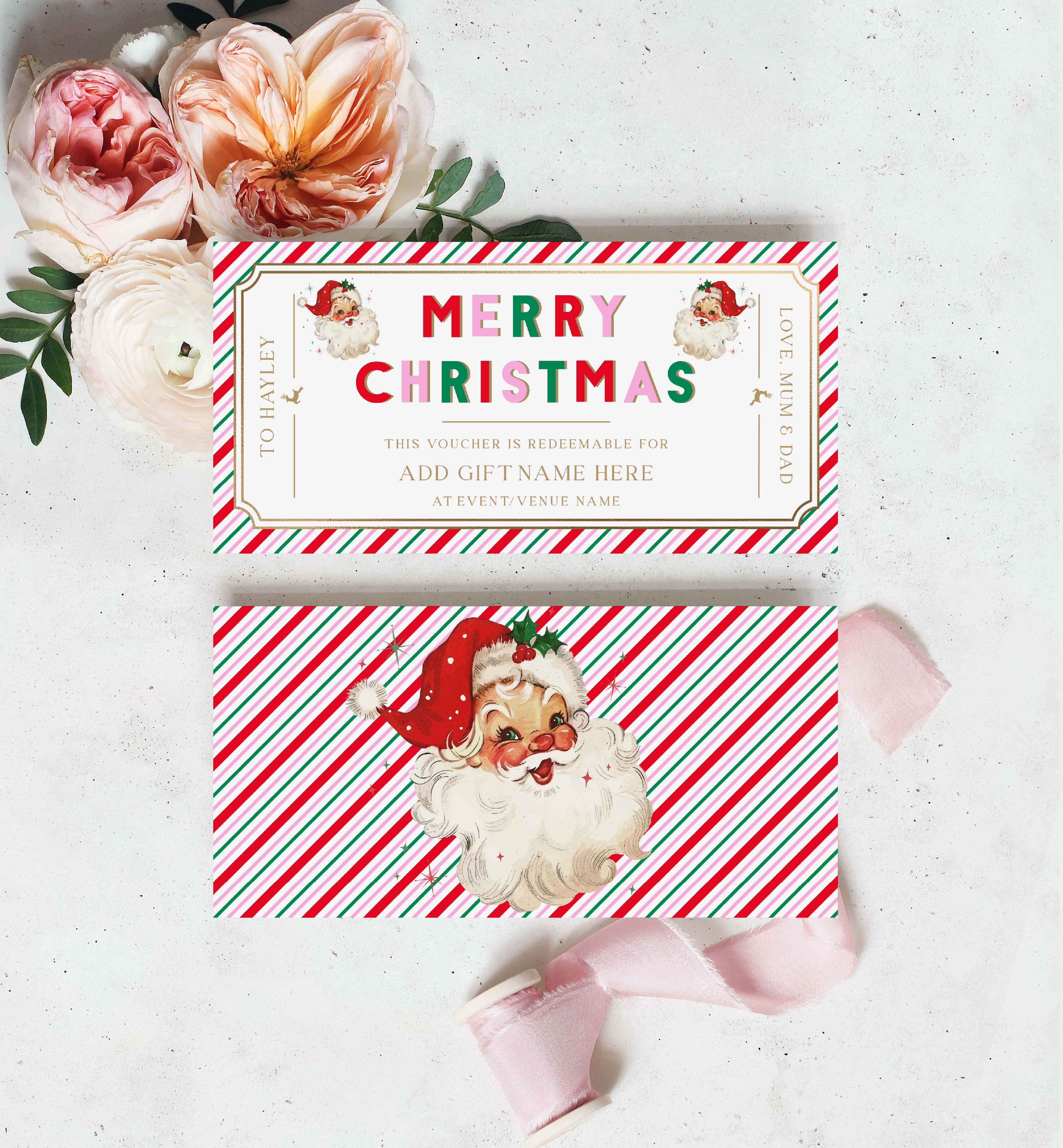 STR-PMT-14-B2869 - STRIPE - PINK MULTI - SANTA CHRISTMAS CUSTOM GIFT CERTIFICATE design preview