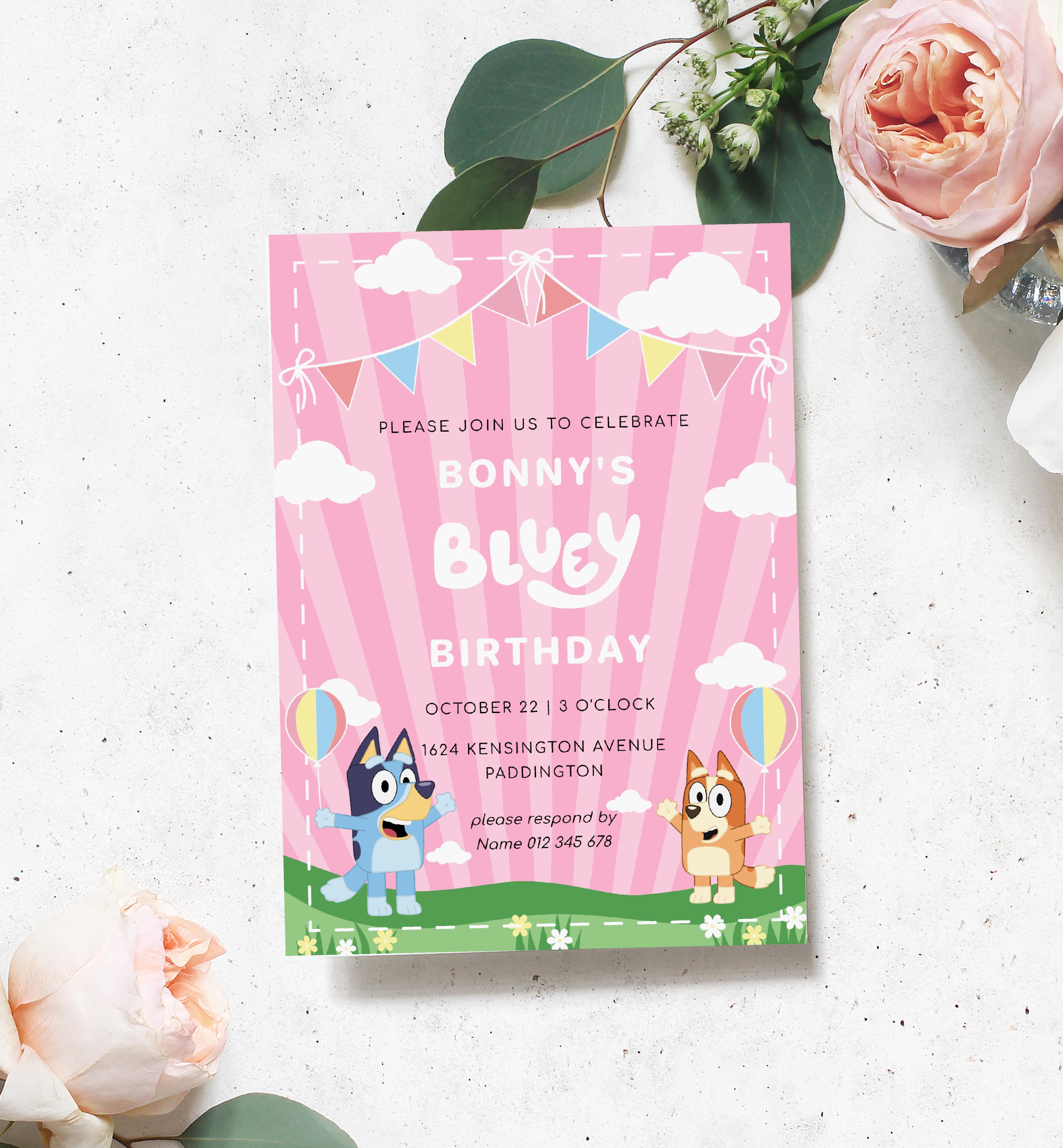 BLU-PNK-1-B1532 - BLUEY - PINK - BIRTHDAY INVITATION design preview