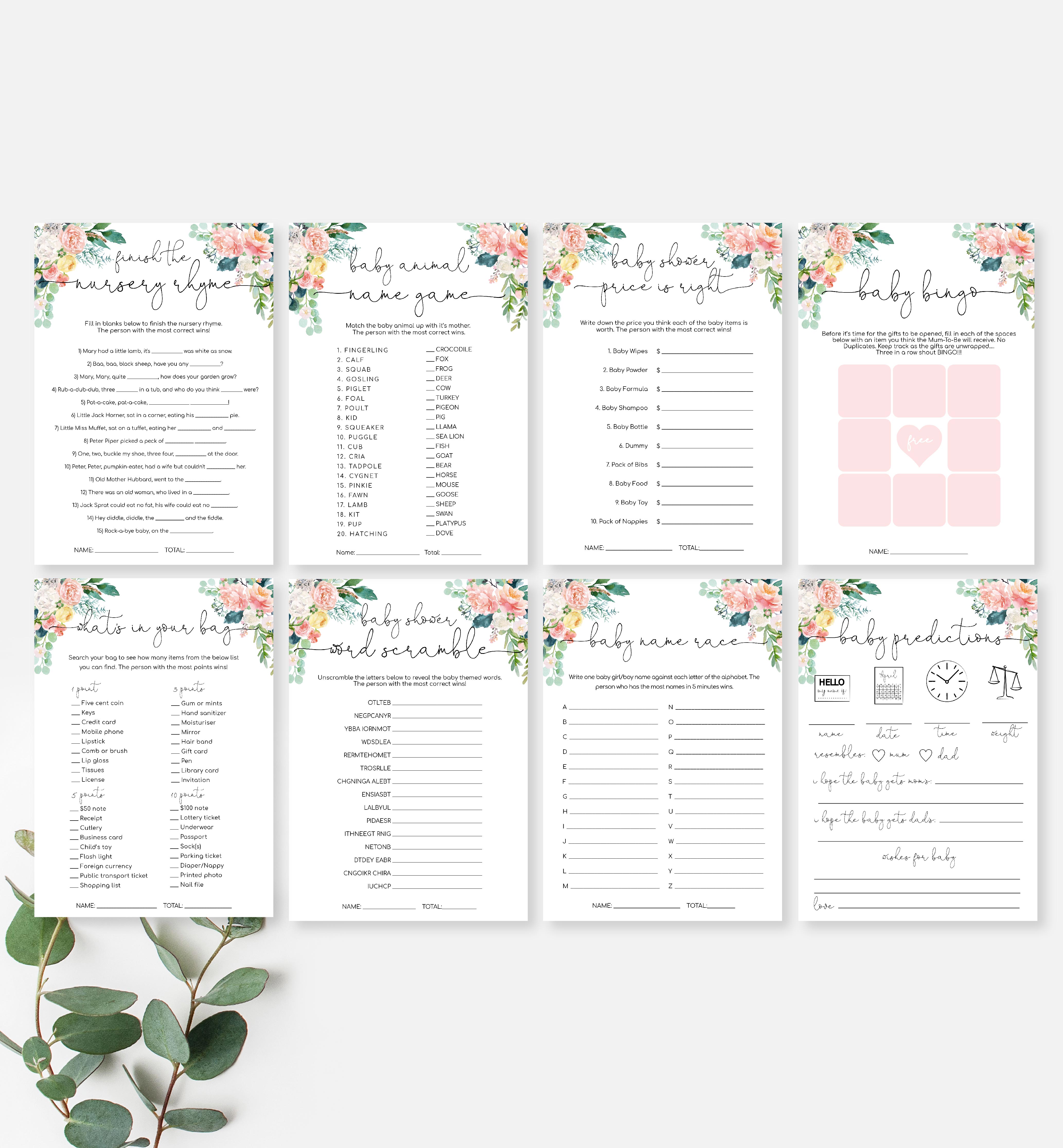 AFB-WHT-10-B877 - AFTERNOON BLOOMS - WHITE - BABY SHOWER GAMES BUNDLE design preview