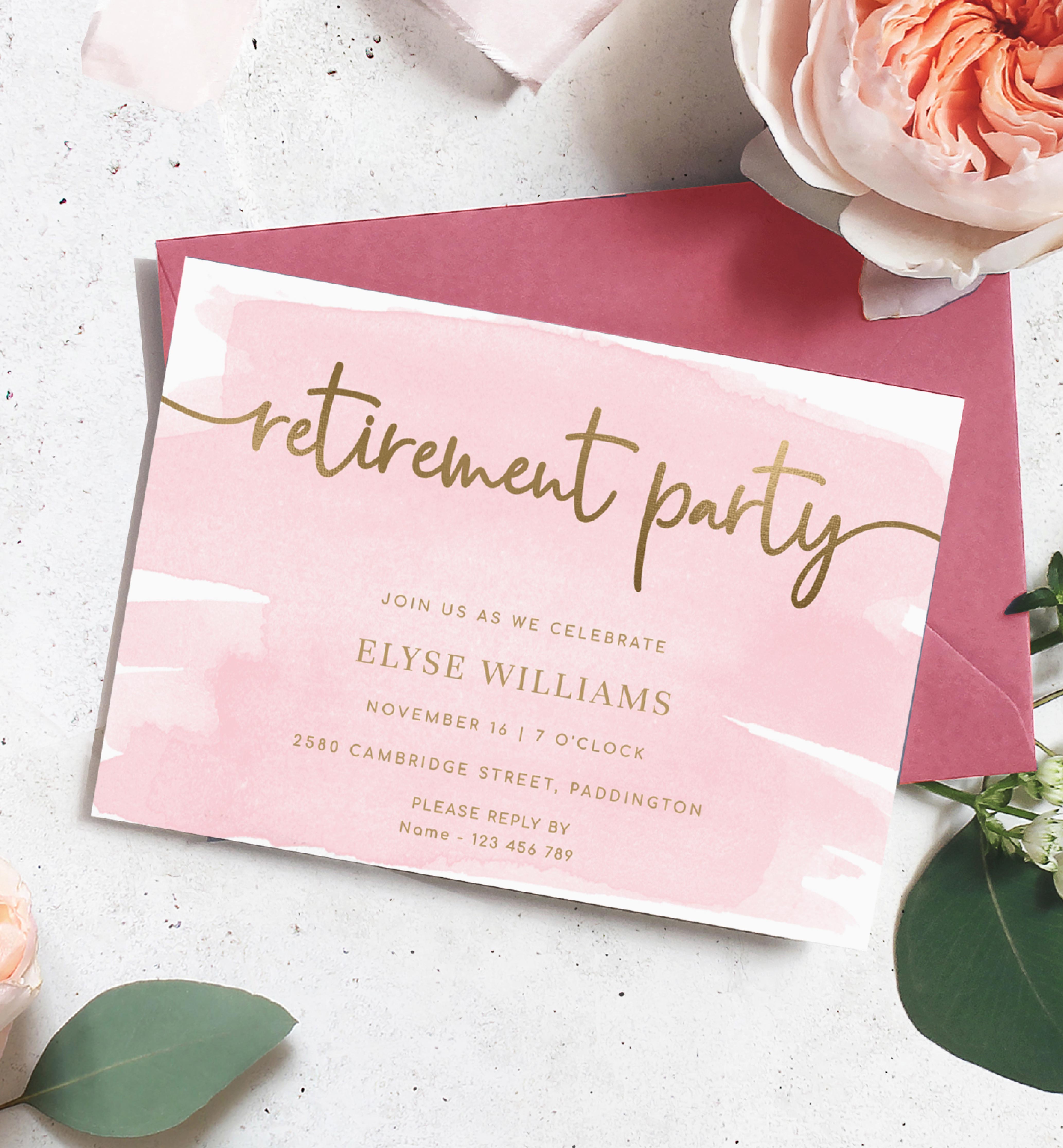 WAT-PNK-1-B2539 - WATERCOLOUR PINK - GOLD - RETIREMENT PARTY INVITATION design preview
