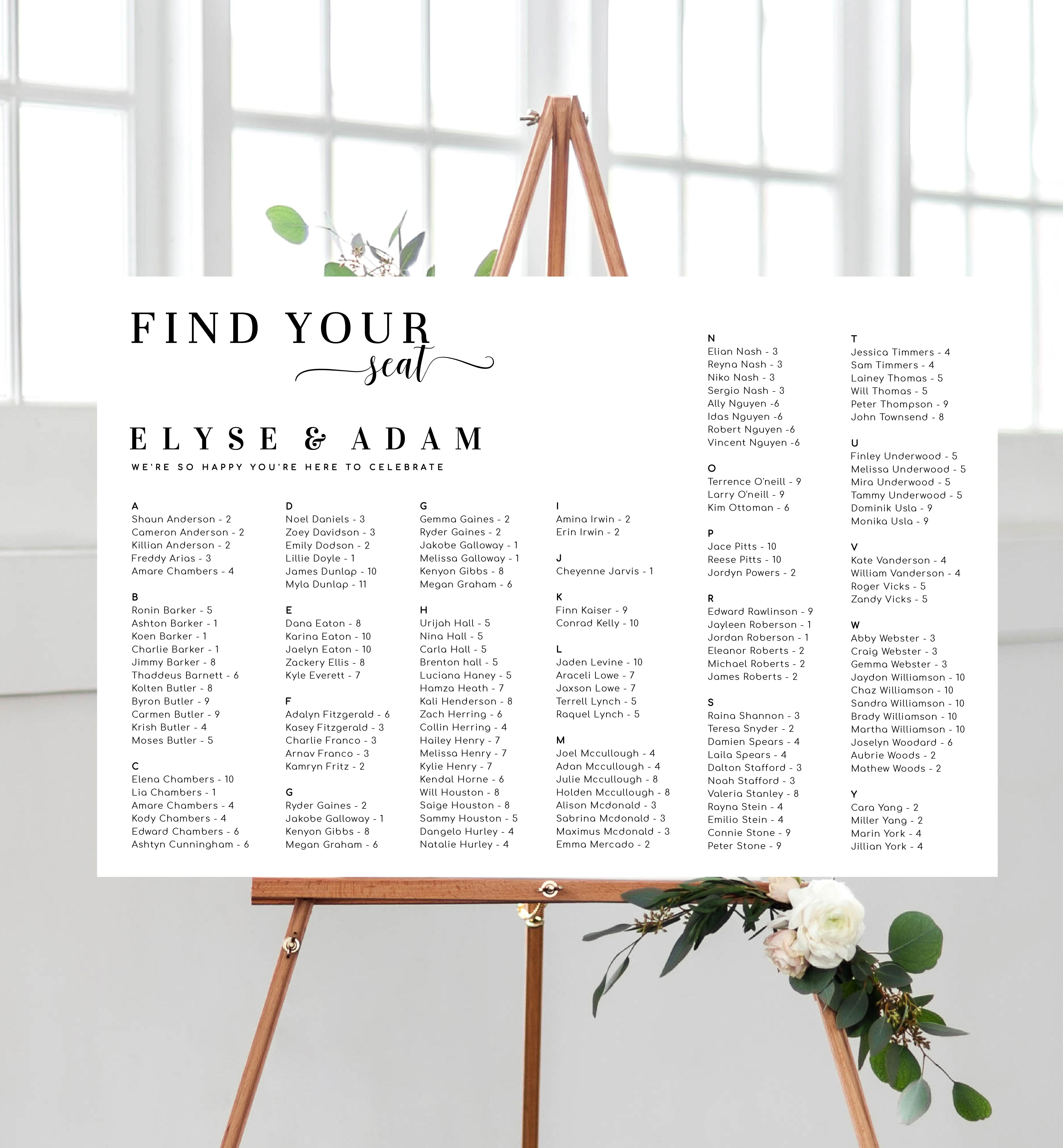 LEY-WHT-4-B2075 - LEYTON SCRIPT - WHITE - FIND YOUR SEAT SEATING CHART - ALPHABETICAL design preview