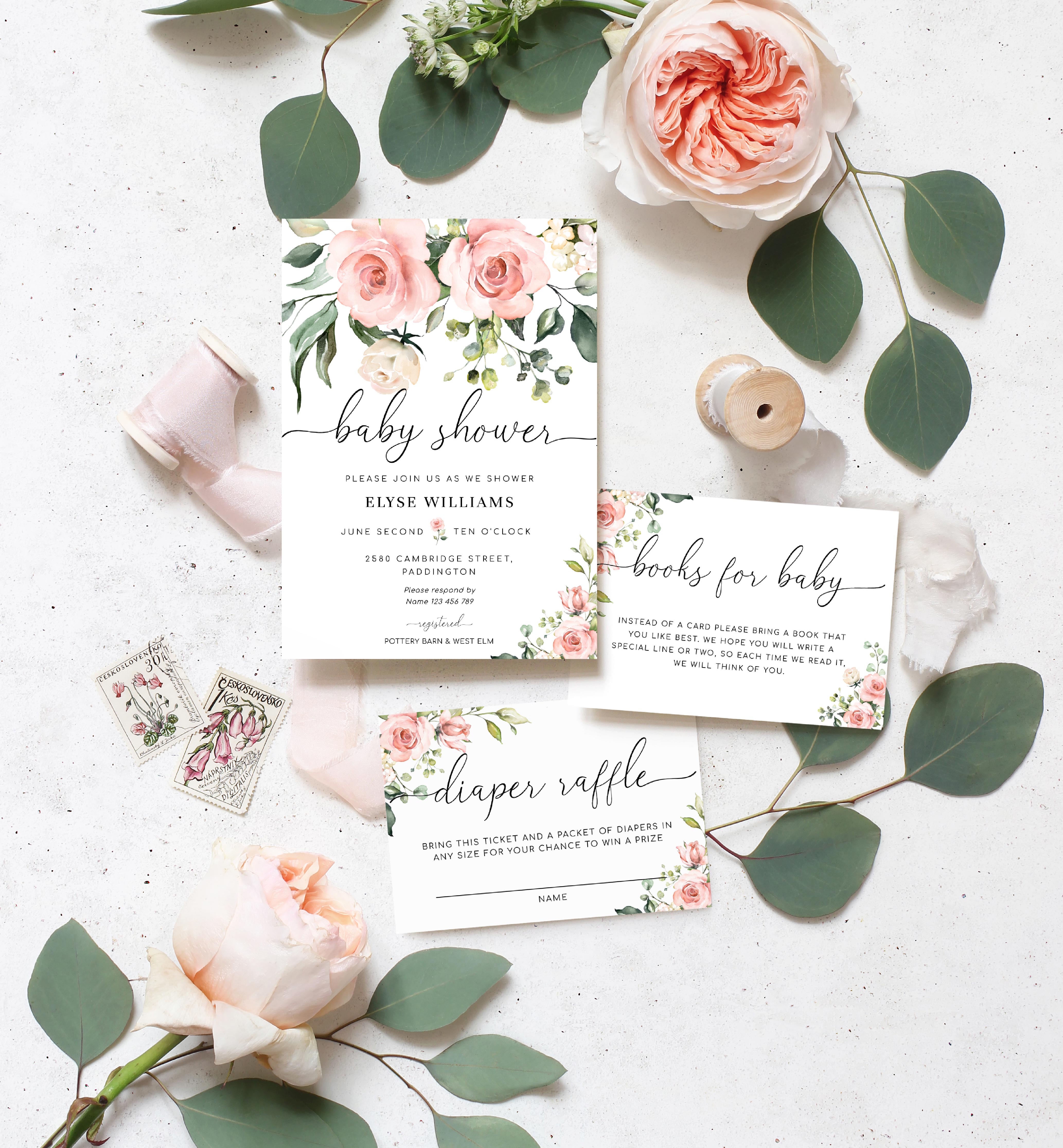 DAR-PNK-1-B139 - DARCY FLORAL PINK - BABY SHOWER INVITATION SUITE design preview
