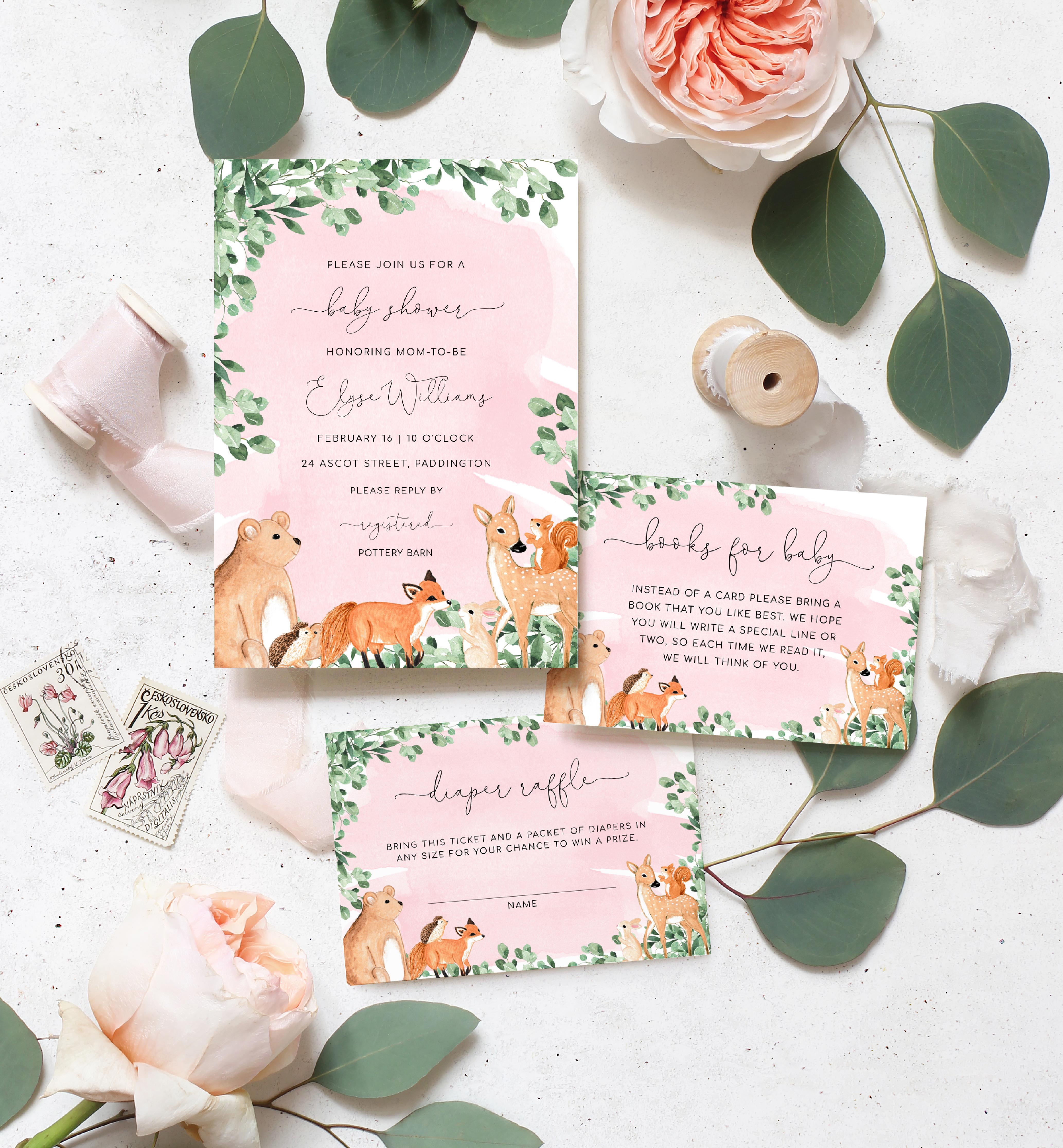 WOD-PNK-1-B1902 - WOODLAND - PINK - BABY SHOWER INVITATION SUITE design preview