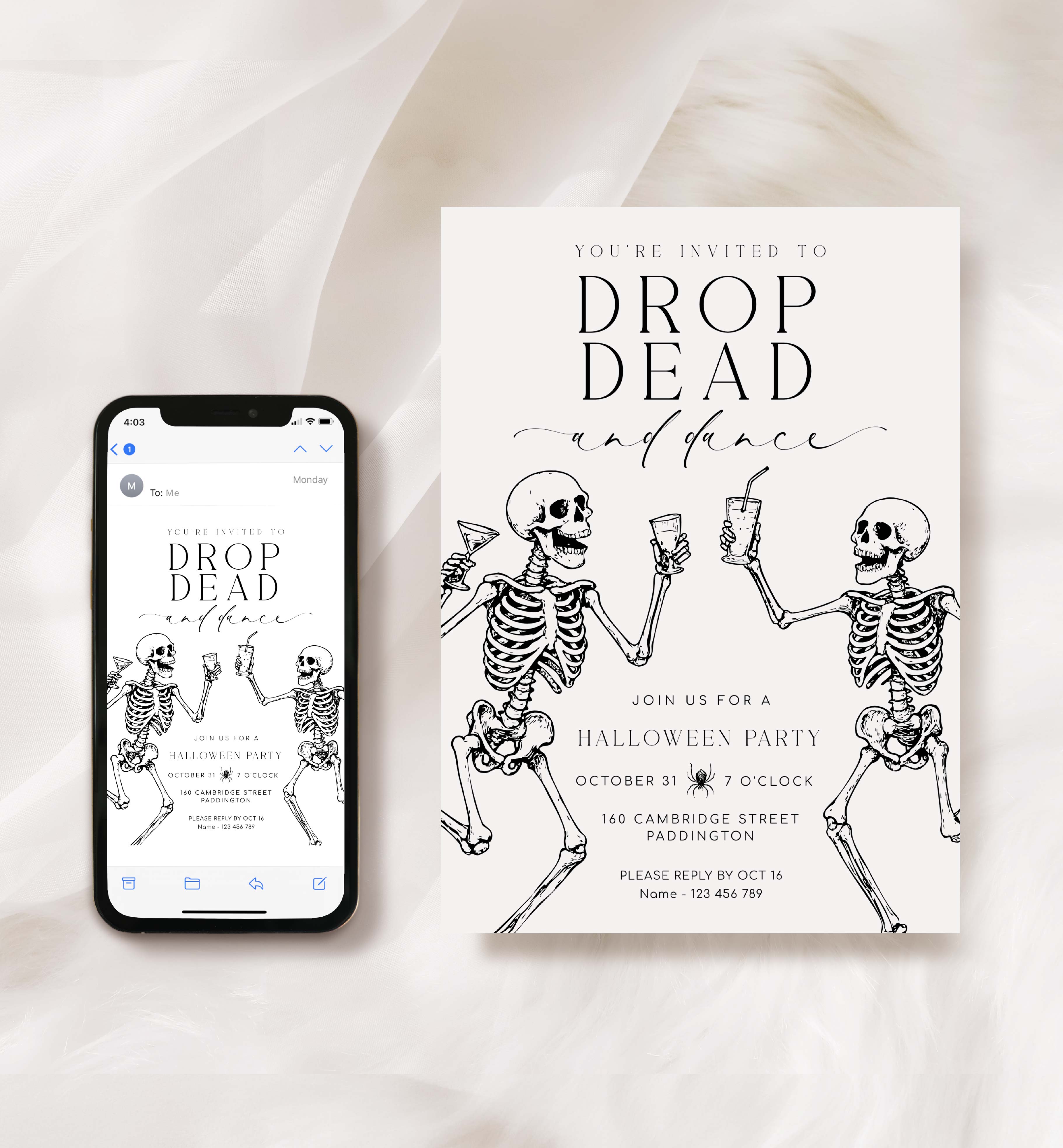 HAL-BLK-1-B3697 - HALLOWEEN - WHITE - DROP DEAD AND DANCE INVITATION design preview