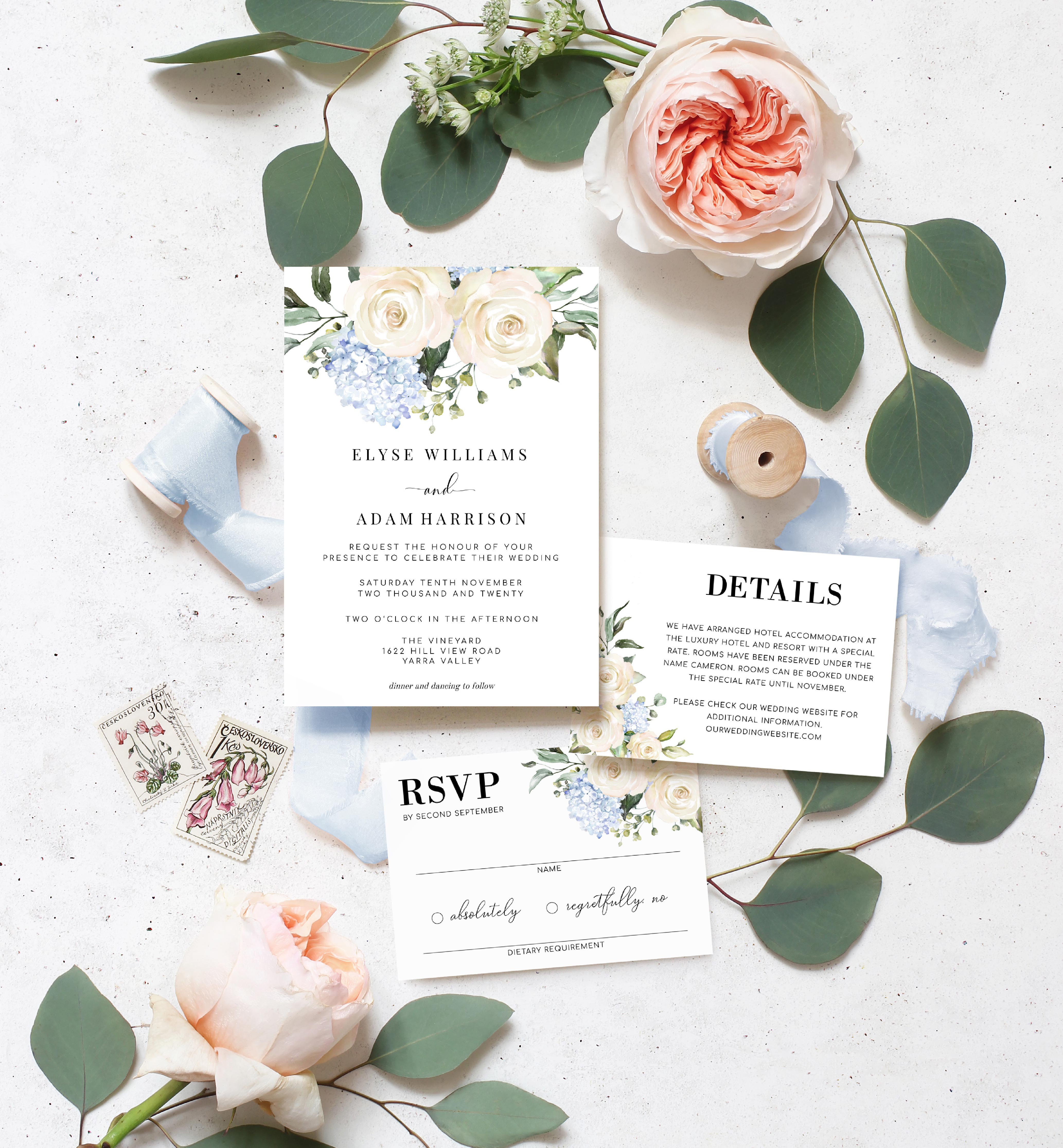 DAR-WHT-1-B171 - DARCY FLORAL - WHITE - WEDDING INVITATION SUITE design preview