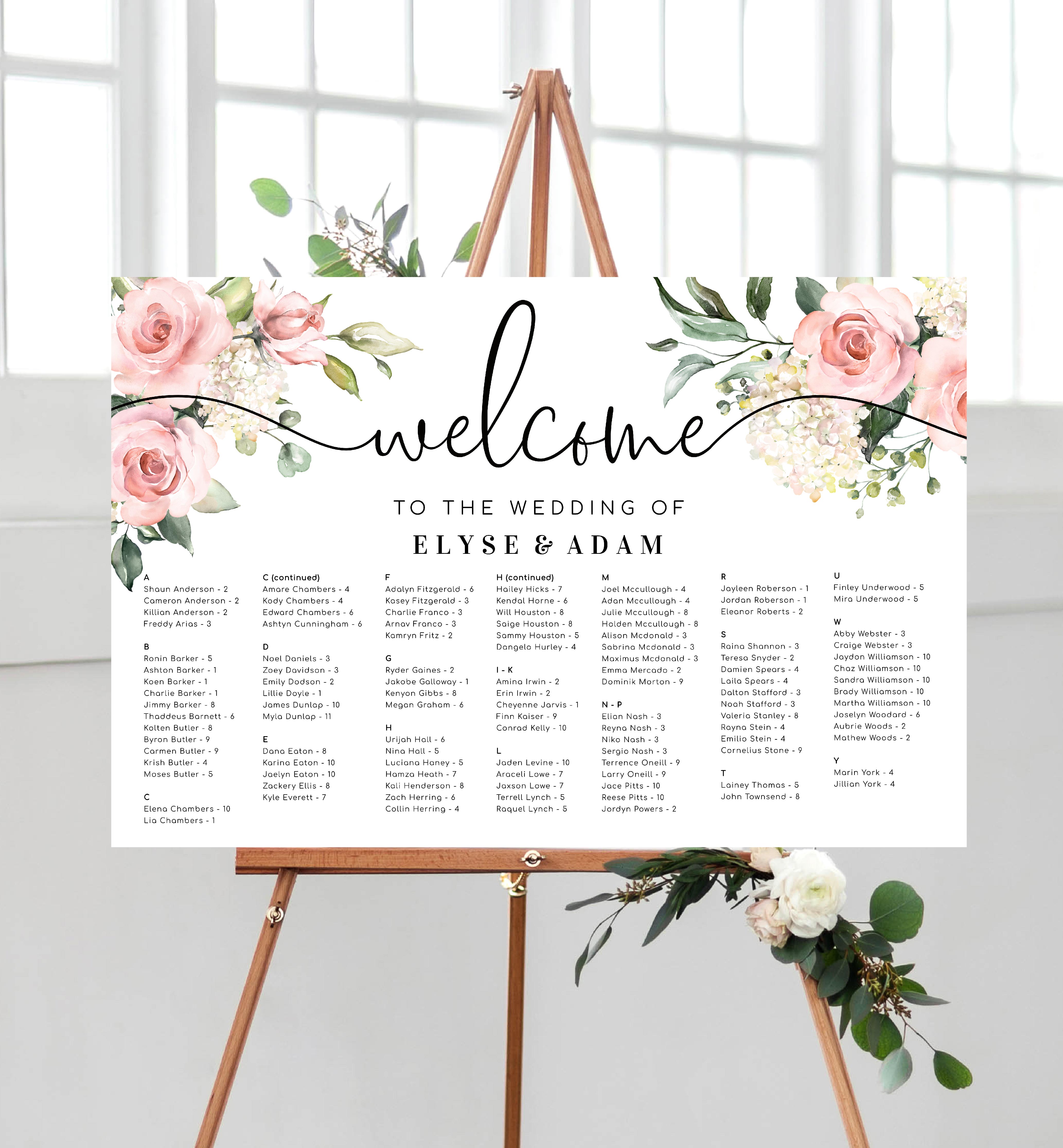 DAR-PNK-4-B2073 - DARCY - PINK - SEATING CHART - ALPHABETICAL design preview
